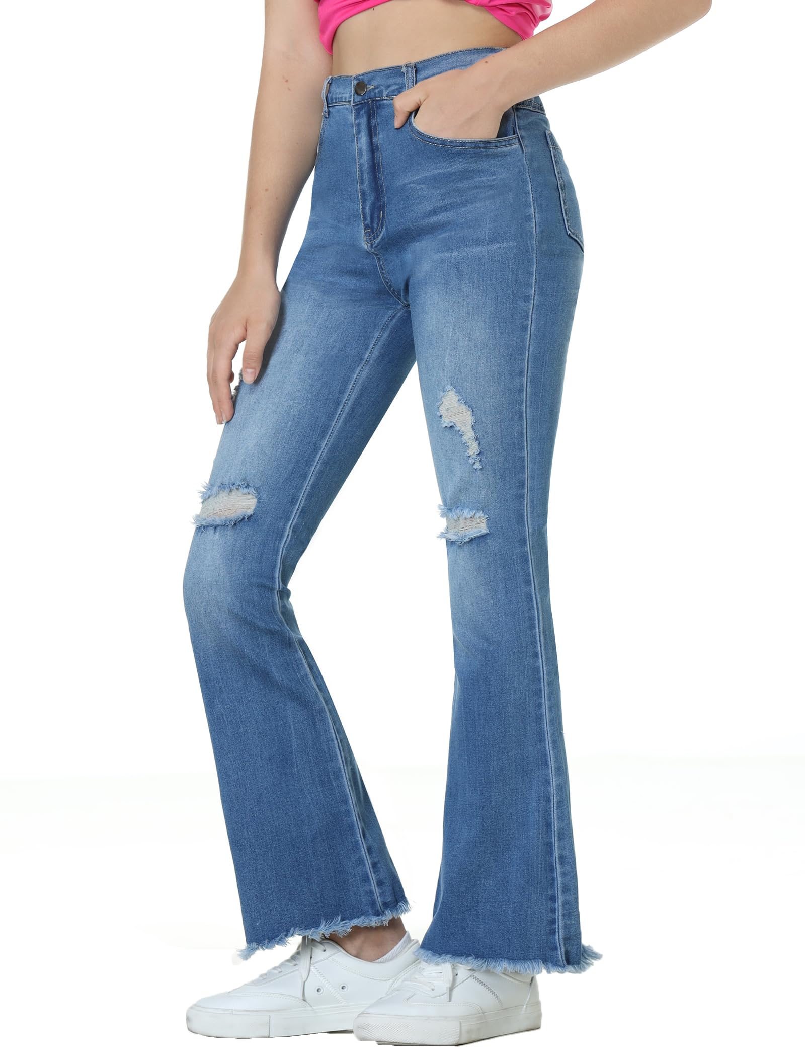 EXARUS Mädchen-Jeans, weites Bein/ausgestellt/Skinny Denim-Hose, zerrissen, hohe Taille, elastisches Band, leger, mit Taschen, Kinder 6–14 Jahre