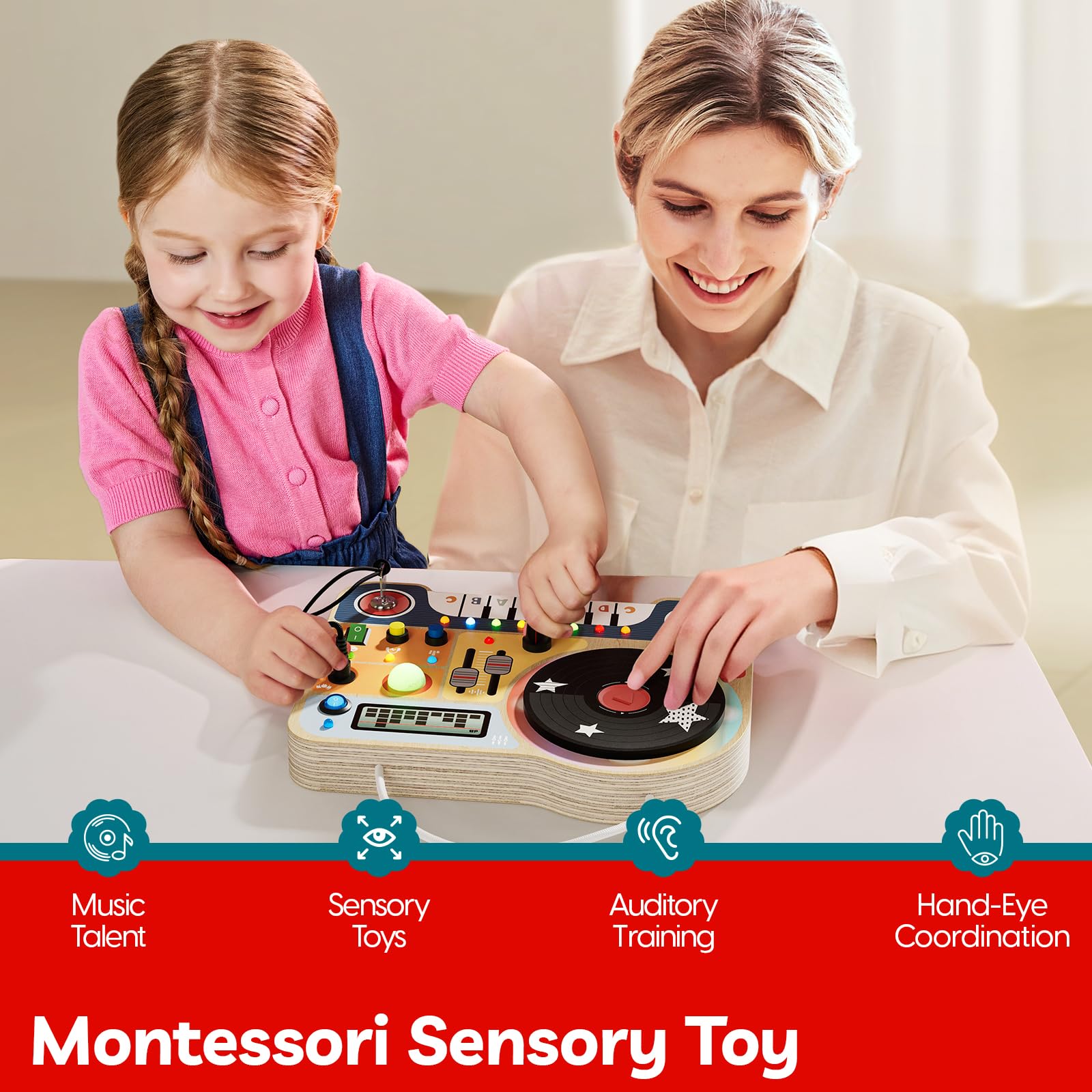 TOP BRIGHT Montessori Busy Board ab 3+ Jahr, Holz Activity Board mit Musik & bunten LED-Leuchten, Motorikspielzeug und Sensorik Spielzeug für Kleinkinder, Geschenk Jungen und Mädchen ab 3 Jahr