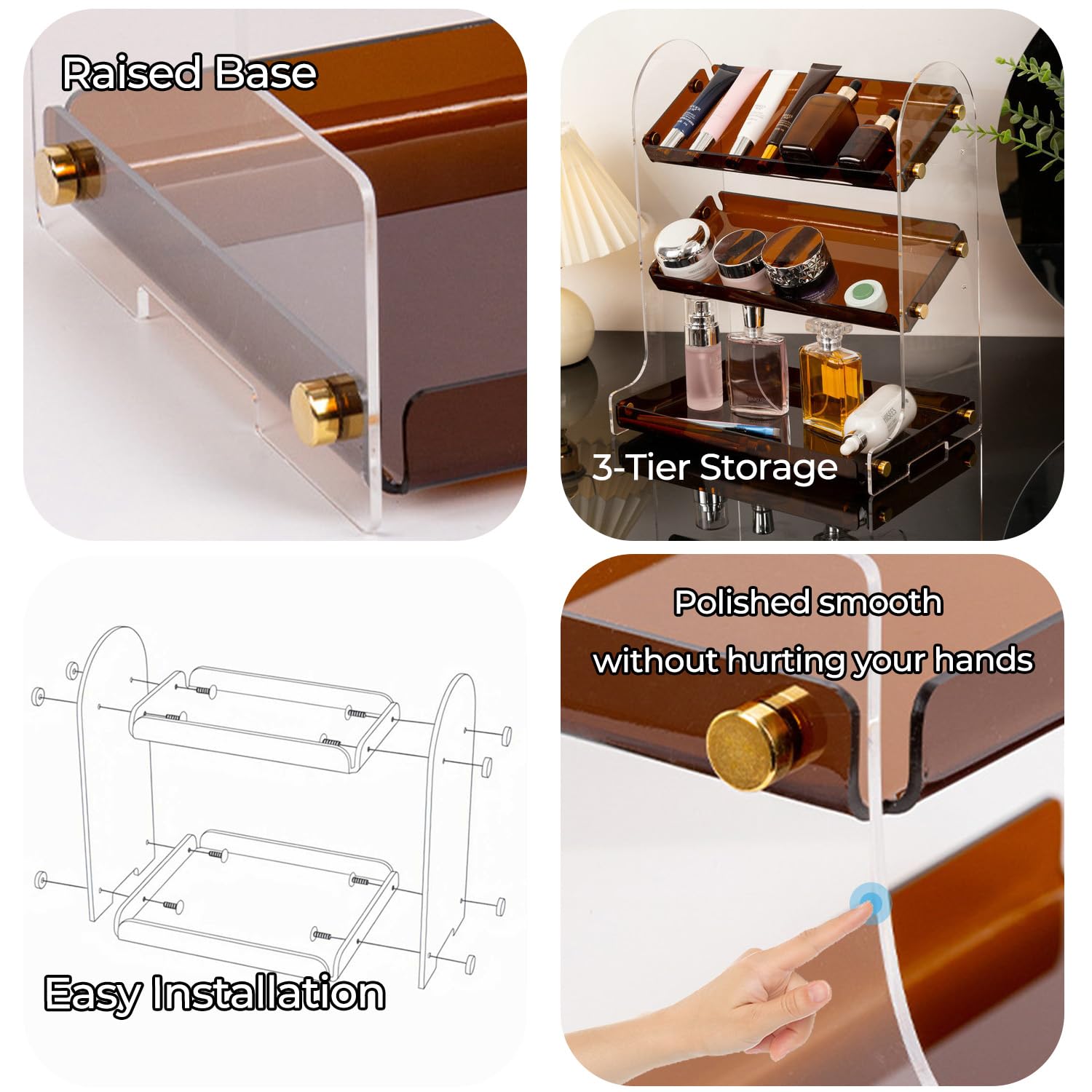 Estante acrílico de 3 niveles para encimera de baño, organizador de maquillaje impermeable para cosméticos, perfumes y soluciones de almacenamiento de oficina