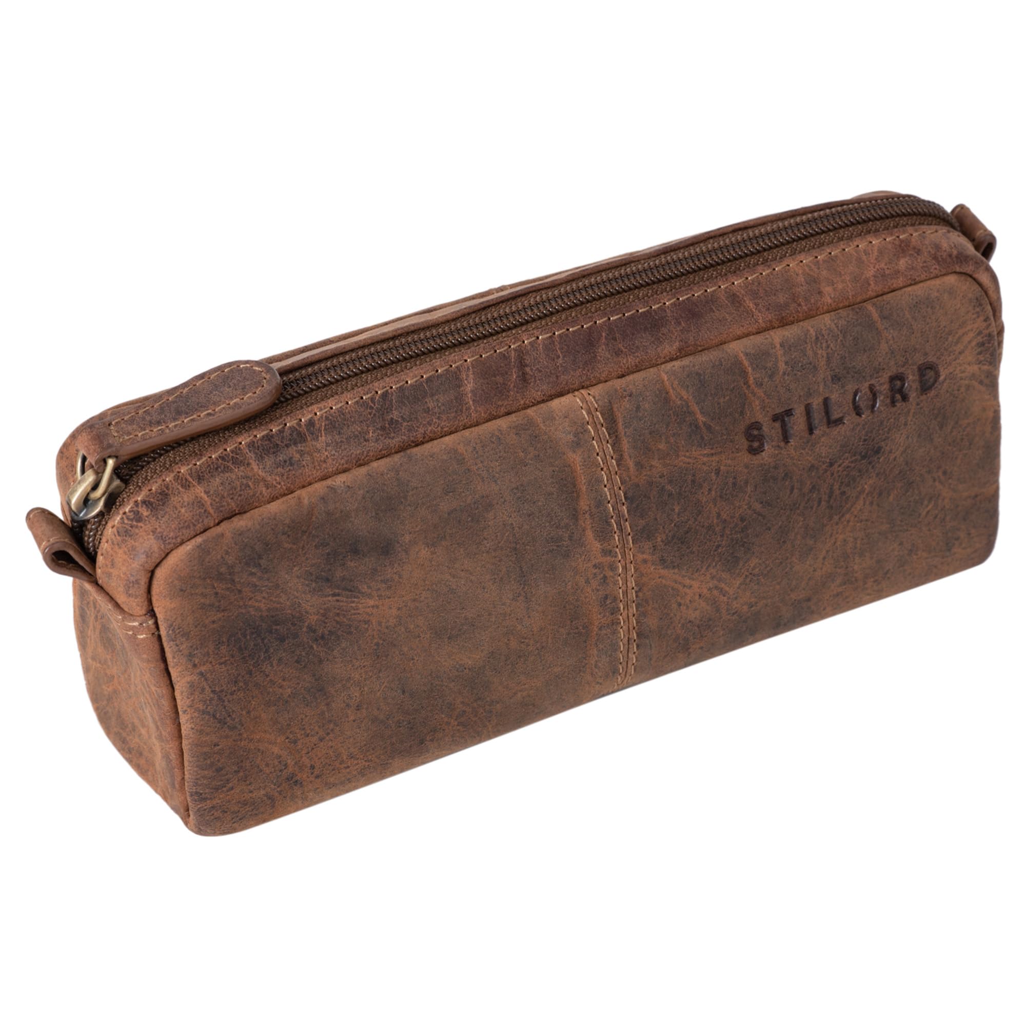 STILORD "Spencer" Vintage Leather Pencil Case - Zipper Pouch - Organizer Roll-Up Pouch - Pen Case Genuine Leather Colour:Calais - Brown