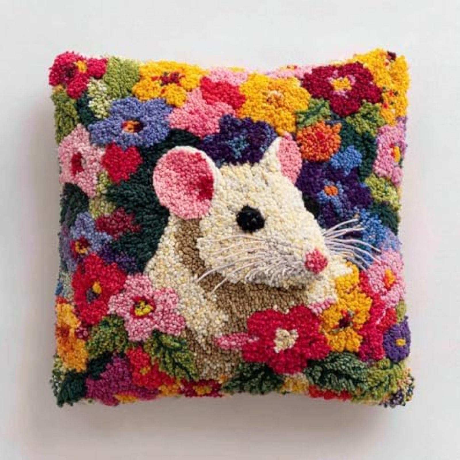 kitphoenix DIY Latch Hook Cushion Kit Mouse Portrait in Flowers,Beginner-Friendly Rug Hooking Pillow Kit,Crochet Craft Cushion Cover for Home Decor,43x43 cm