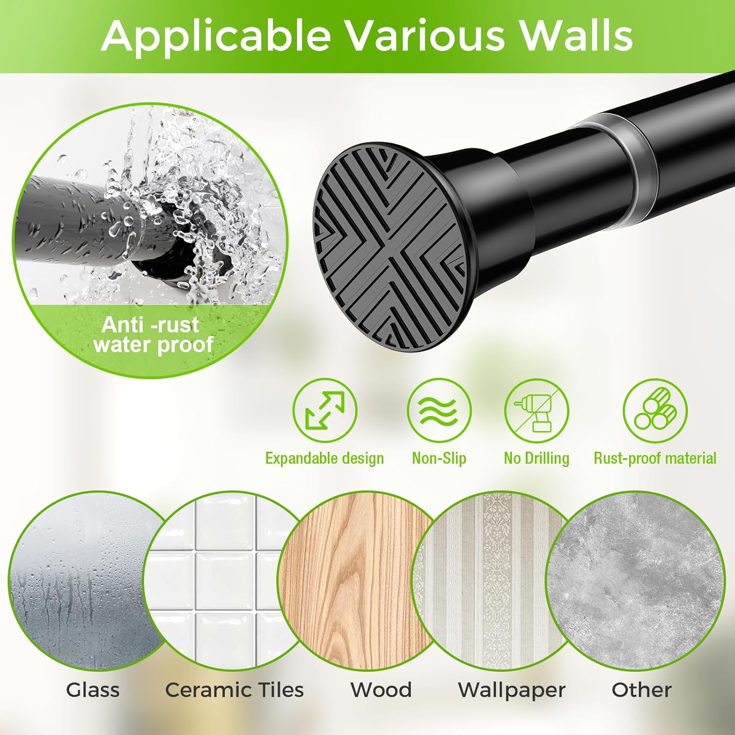 2Pack Tension Shower Curtain Rod No Drilling 32-76 Inch 7/8" Diameter Adjustable Spring Curtain Rod No Rust Spring Tension Rods for Window Doorway Shower Stall, Black