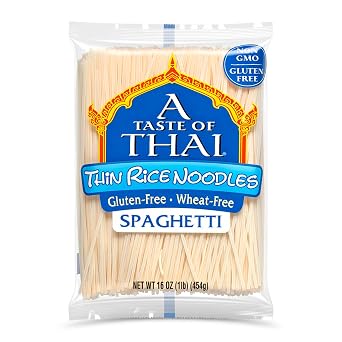 A Taste of Thai Spaghetti Rice Noodles Thin & Straight Cut| Restaurant-Quality Thai Flavor in Minutes | Vegan, Gluten-Free, Wheat Free, Non-GMO| For Stir-Fries, Soups & Asian Dishes 16 oz, 1 Pack