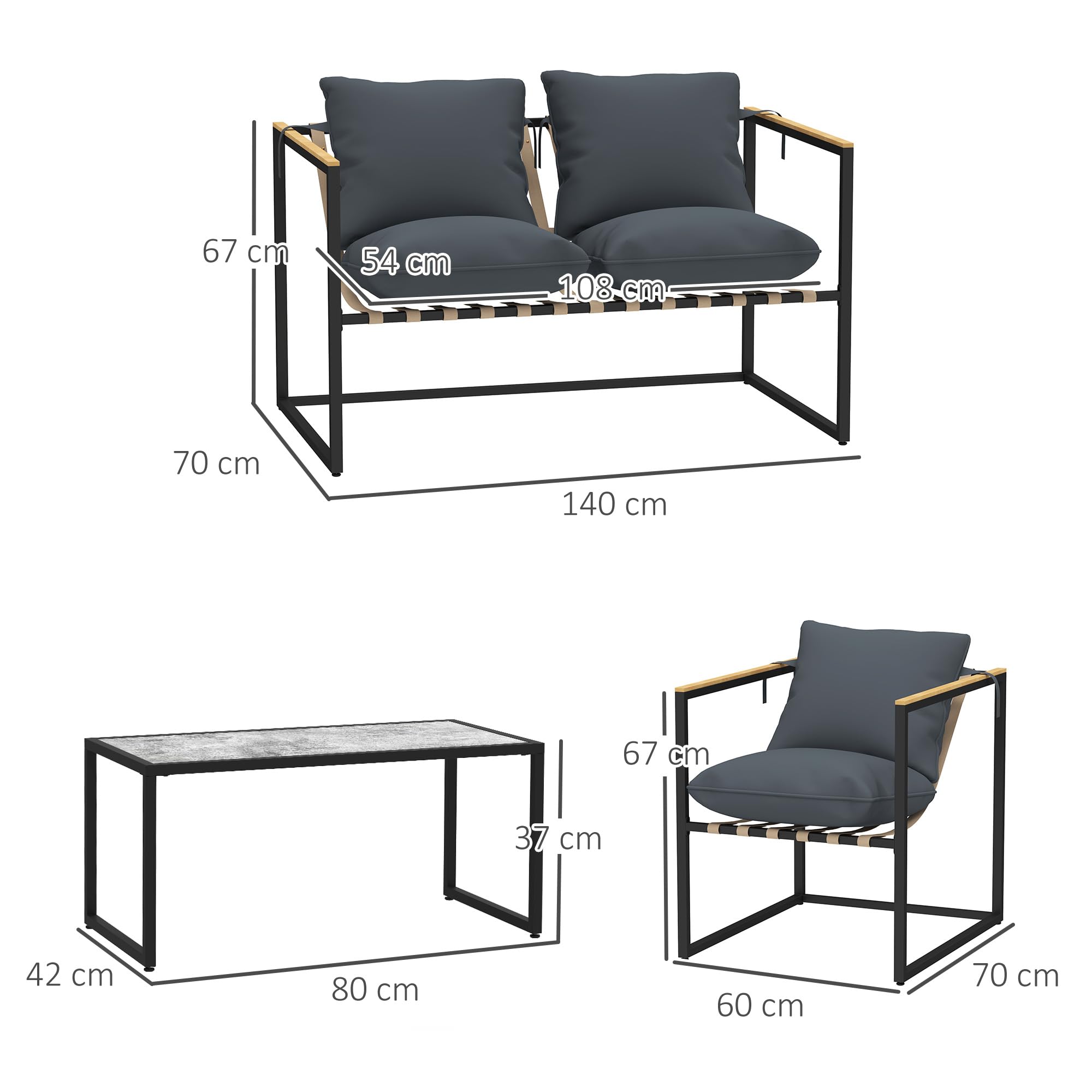 Outsunny Stahl Gartenmöbel Set 4 Personen wetterfest Balkonmöbel-Set mit 2er Sofa 2 Sessel, Sitzkissen, Beistelltisch, Outdoor Sitzgruppe Terrassenmöbel Gartengarnitur für Garten Terrasse Balkon Grau