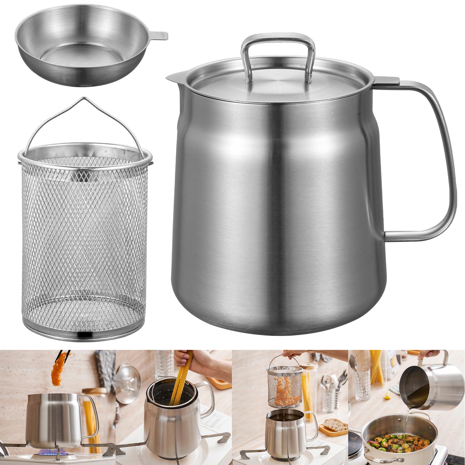 Vaso Filtro Olio In Acciaio Inox 304 - 1,5L O 2L, Con Rete Filtante | Per Friggitoria E Cucina - Foto 6