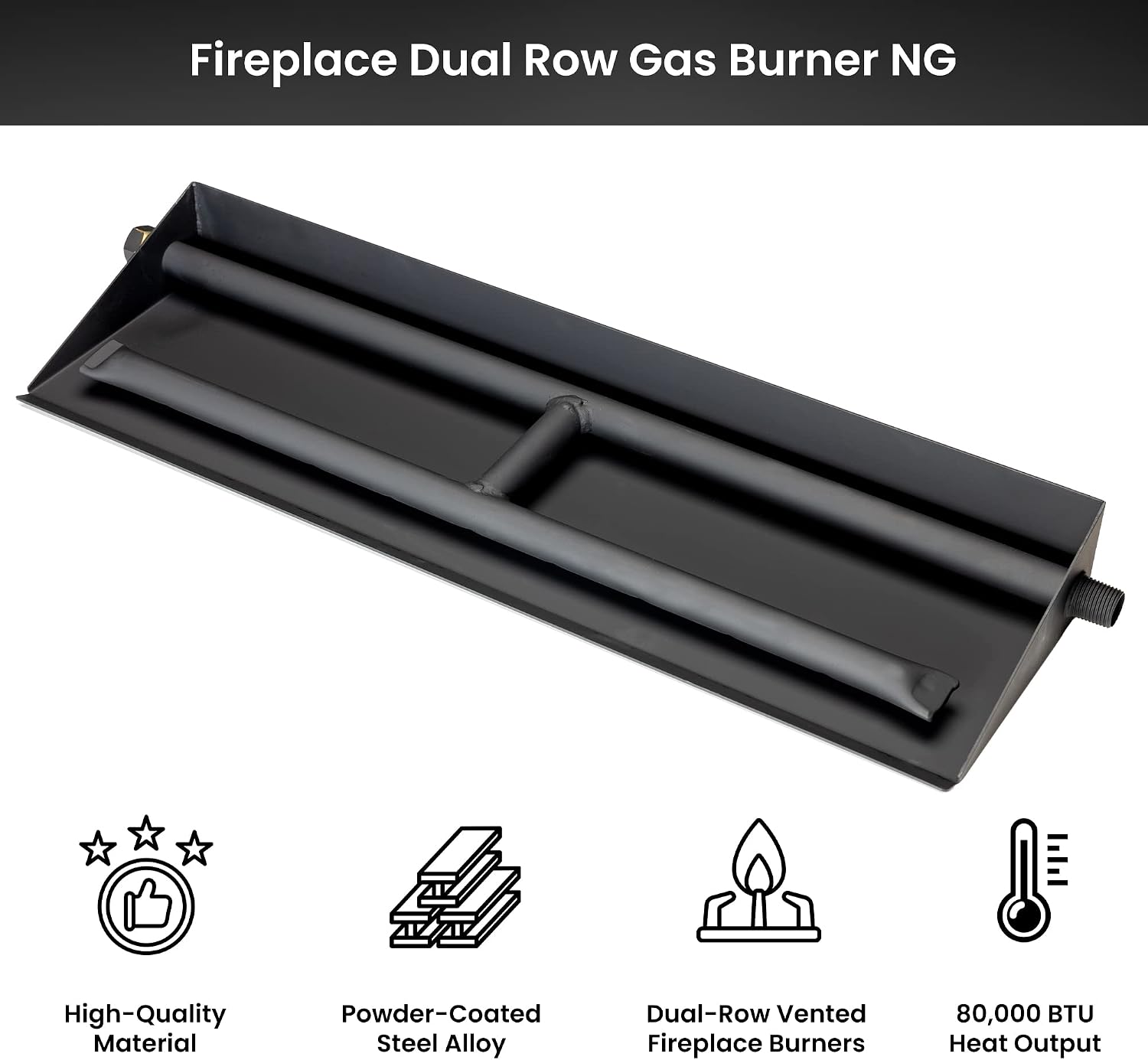 16" NG Fireplace Dual Row Gas Burner Pan with Complete Connection Kit - Made with Powder Coated Steel - Specifically for 18" Fire Logs, Easy to Install, Bonus Bag of Glowing Embers Included