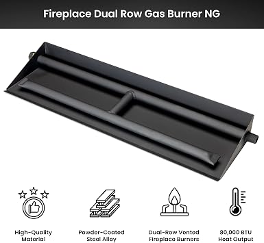 16 NG Fireplace Dual Row Gas Burner Pan with Complete Connection Kit - Made with Powder Coated Steel - Specifically for 18 Fire Logs, Easy to Install, Bonus Bag of Glowing Embers Included