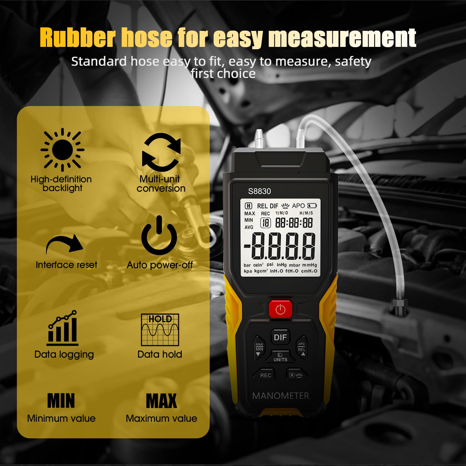 Manómetro digital de presión diferencial GR-T9-S8830, probador de presión profesional de doble puerto, medidor de presión retroiluminado LCD para aplicaciones de prueba de tuberías de gas natural