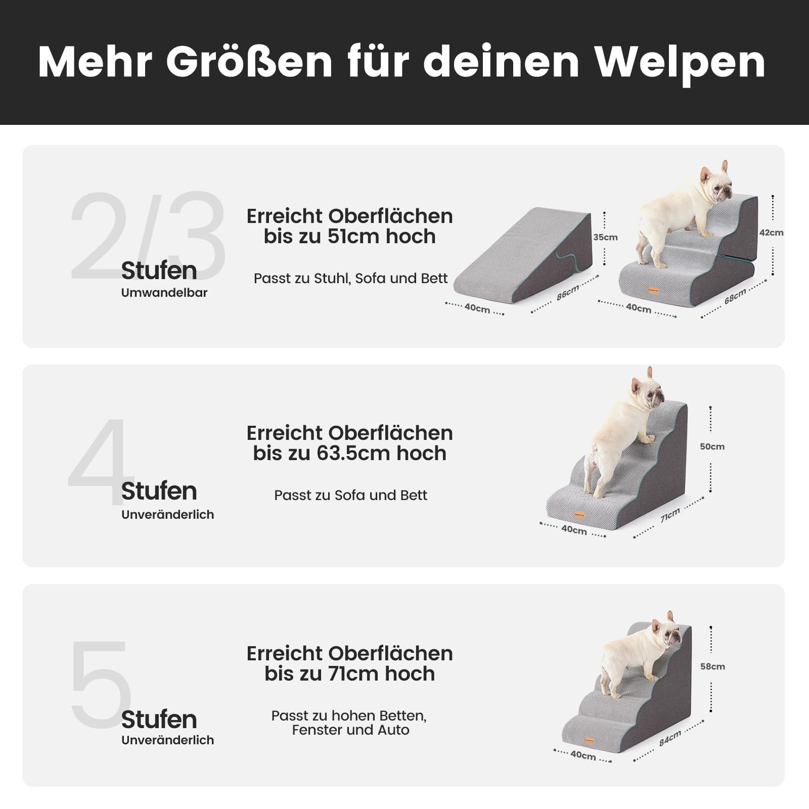 Gardner Pet Hundetreppe für kleine Hunde 35/42cm, Haustiertreppe Hundetreppe 3 Stufen, Hunderampe aus hochdichtem Schaumstoff mit rutschfestem wasserdichtem Stoffbezug für Bett, Sofa, Couch
