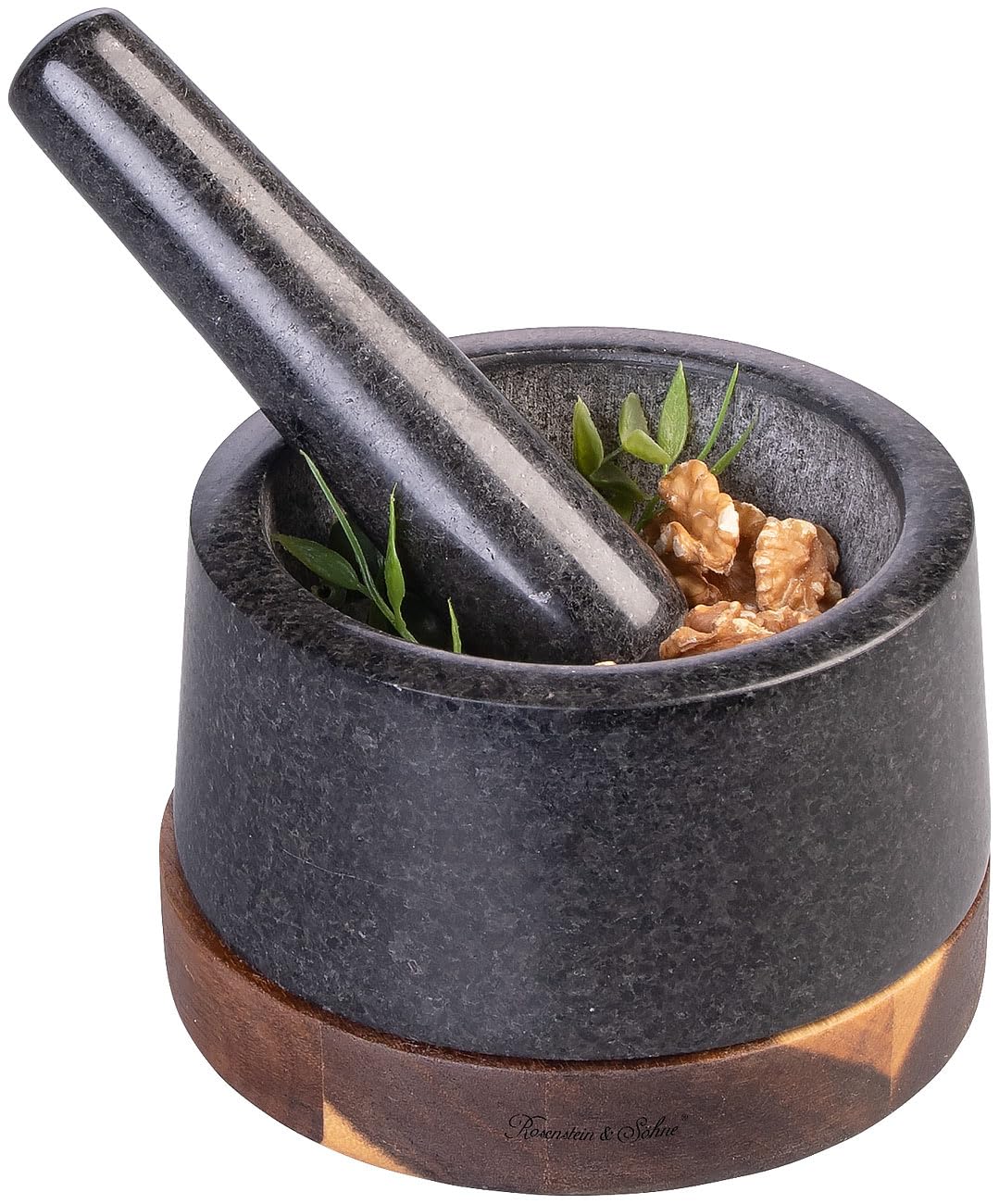 Rosenstein & Söhne Nuß-Mörser: Set mit Mörser und Stößel aus Granit und Holz, 14 cm (Moerser, Knoblauch, Pfeffermühle)