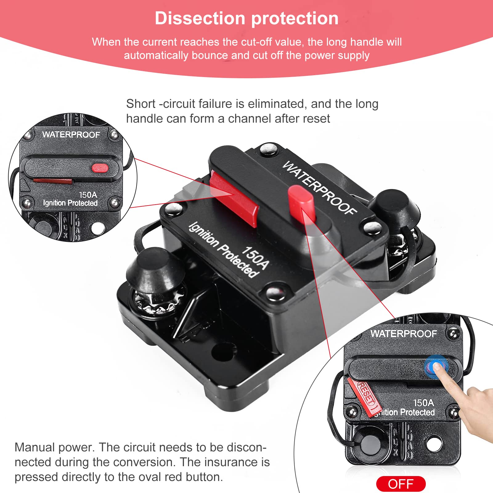 Wyłącznik samochodowy, 150 A, 12 V, 48 V DC, wodoodporny wyłącznik bezpieczeństwa, automatyczny wyłącznik samochodowy, morski, rower, stereo, audio
