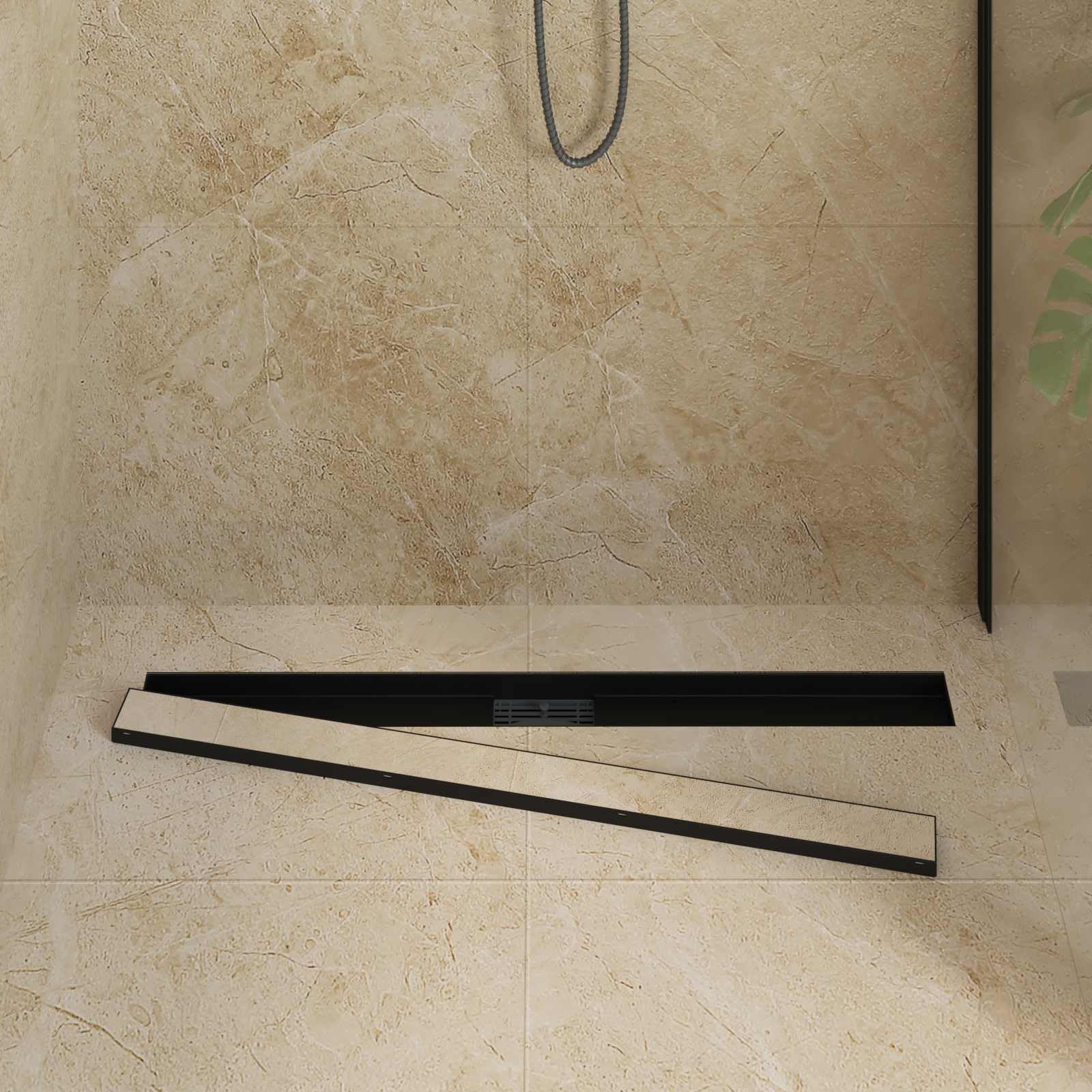 Duschabfluss Schwarz 90 cm aus Edelstahl 304, 2 in 1 Wende Grill, höhenverstellbar 0 bis 30 mm, fliesenfähig, abnehmbar, für modernes Bad und einfache Reinigung