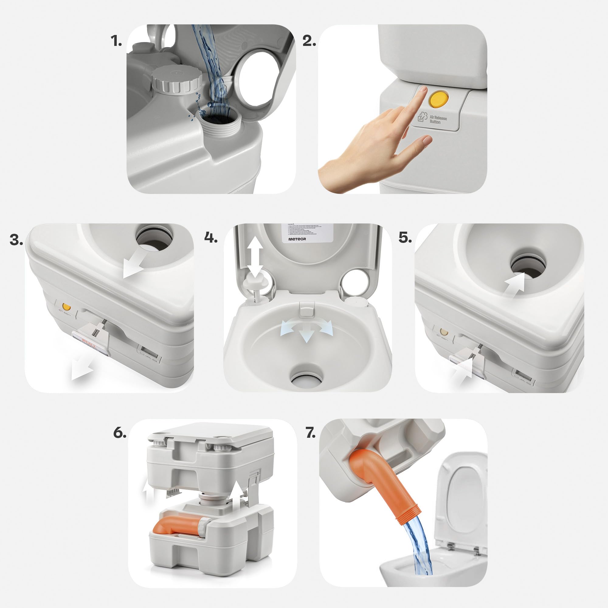 meteor Campingtoilette mit Wasserspülung Füllstandsanzeige Outdoor Tragbare Reisetoilette Mobiles WC Baustellen Robust Auslaufsicher bis 200kg Garten Camping Chemie-Toilette