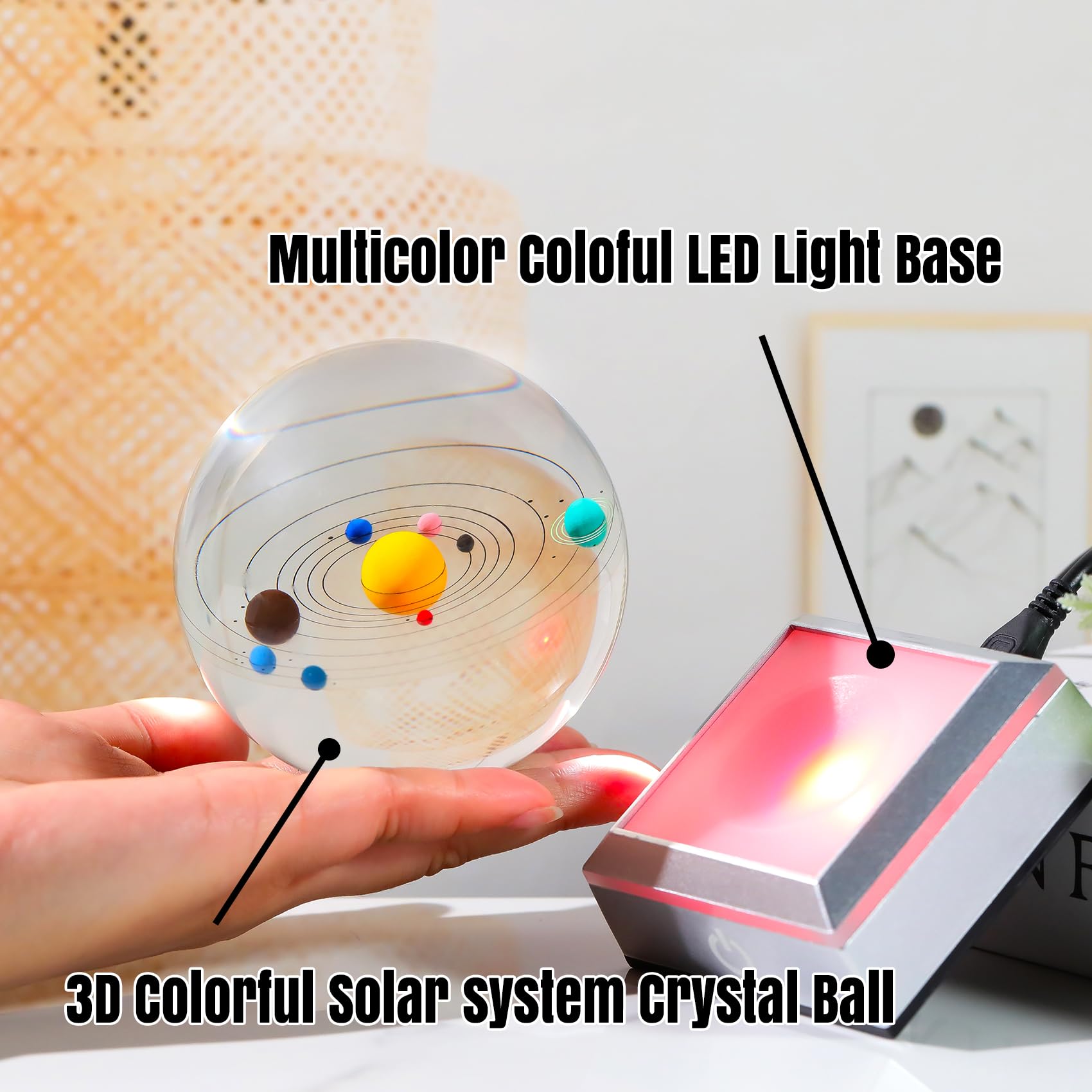 Bola De Cristal HADAVAKA K9 3D Sistema Solar, Multicolor Noche Luz  Decoración Artesanía, 6/8 Cm Planeta Modelo, Fresco Escritorio Galaxia  Decoración Con Base De Led (Astronauts,6CM Lampara Luna, image size:1700x1700