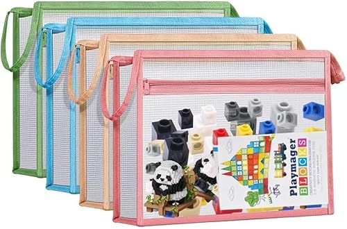 Miniatura 8 de Paquete de 15 bolsas de malla con cremallera, almacenamiento de bloques de construcción de rompecabezas de doble capa, bolsas de bloques de nailon