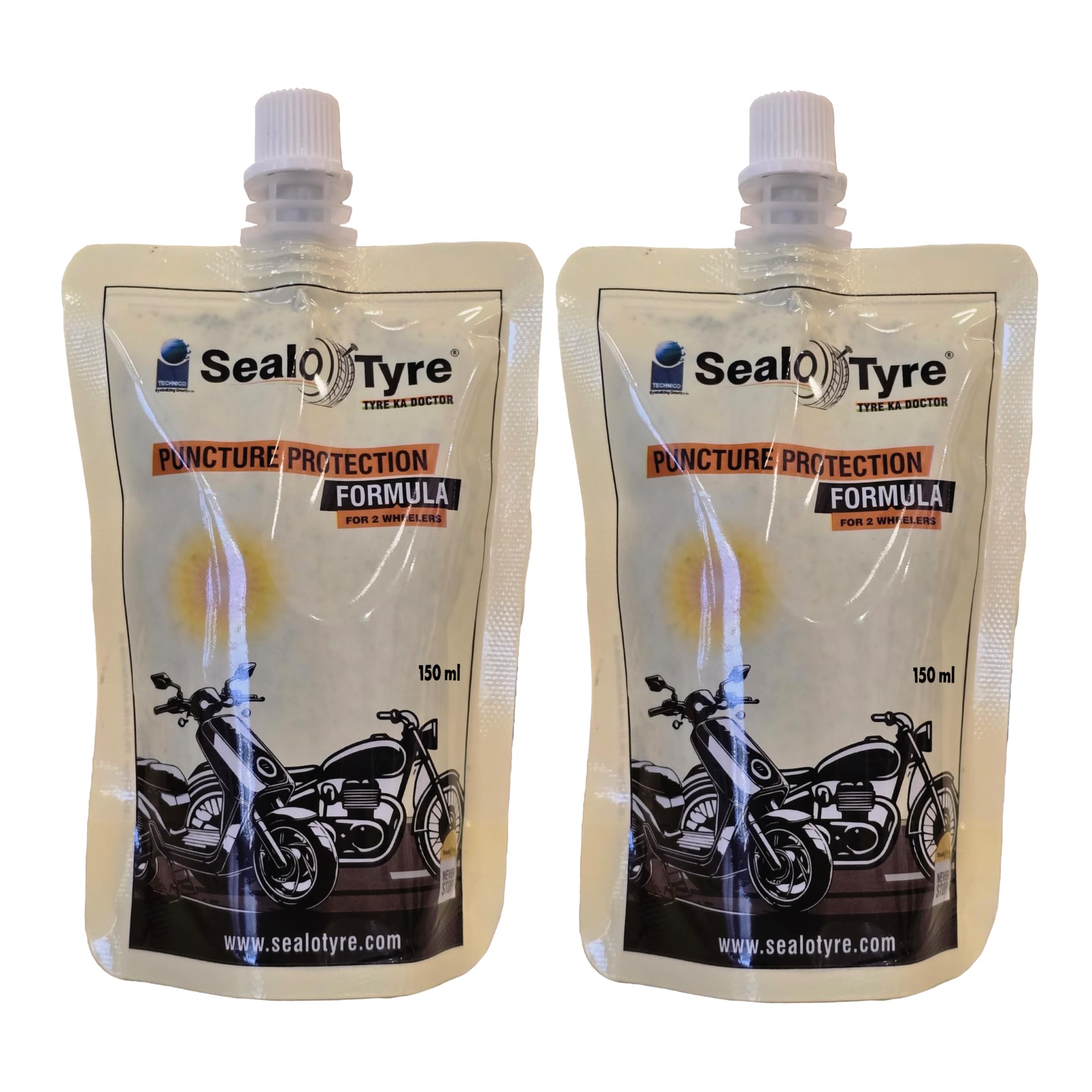 Sealotyre Anti Puncture Tubeless Tyre Sealant | Instant Puncture Repair for Scooters & Bikes | Anti-Leak Formula | Gel Based Puncture Solution Combo Pack of 2 (150ml)