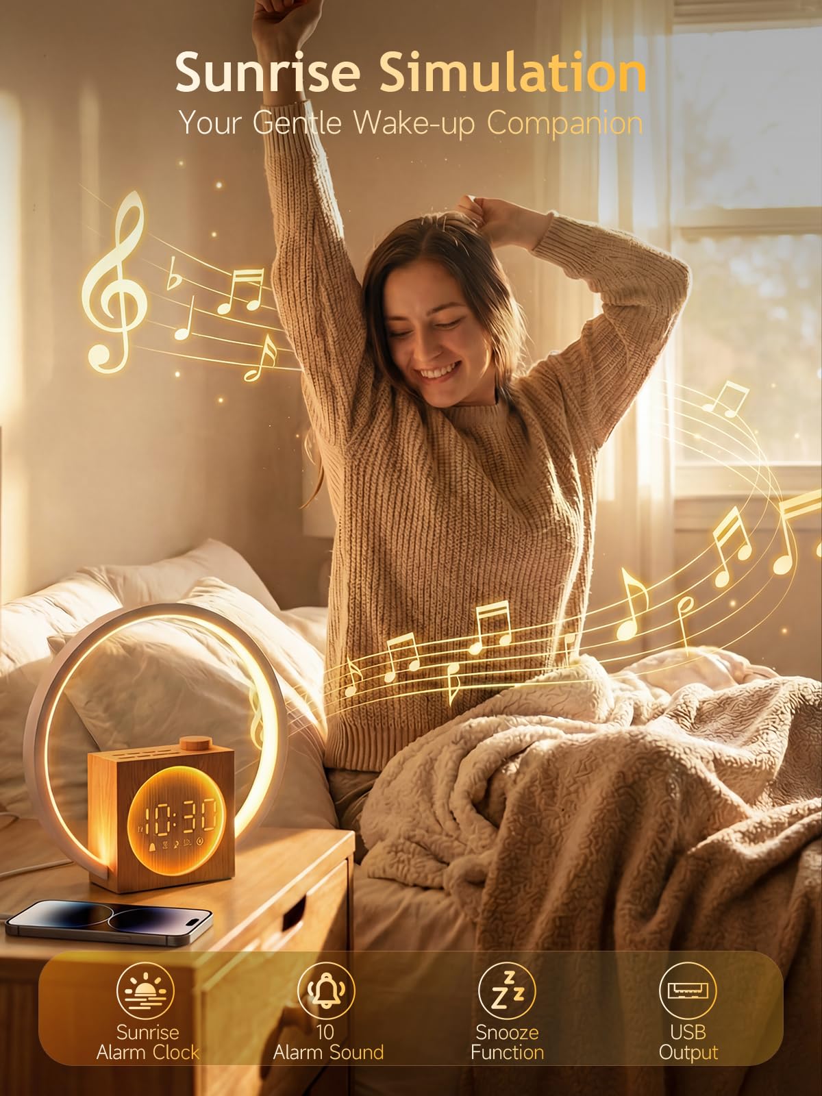 Reveil Simulatore d'alba, Sveglio luminoso con Touch Dimmerabile, 30 Suoni per Dormire, 20 Livelli di Luminosità, Timer sonno 10-480 min, Wake Up Light di Ricarica USB per Camera