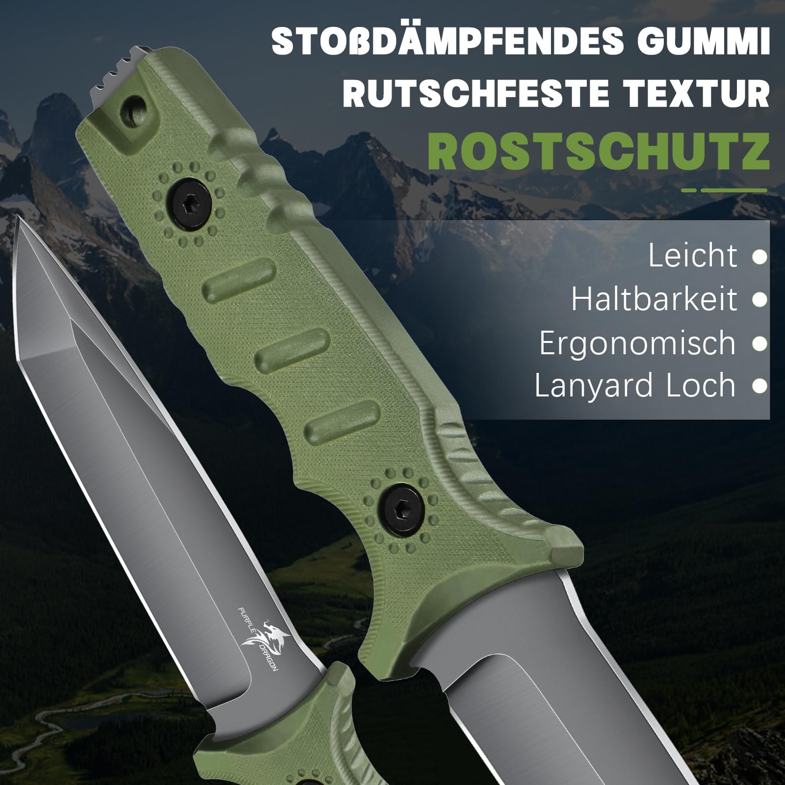 Purple Dragon Outdoor Messer Survival Messer mit Kydex Scheide, Feststehende Klinge aus einem Stück D2 Stahl, Full Tang Bushcraft Messer G10 Griff für Camping, Geschenke für Männer, Grün