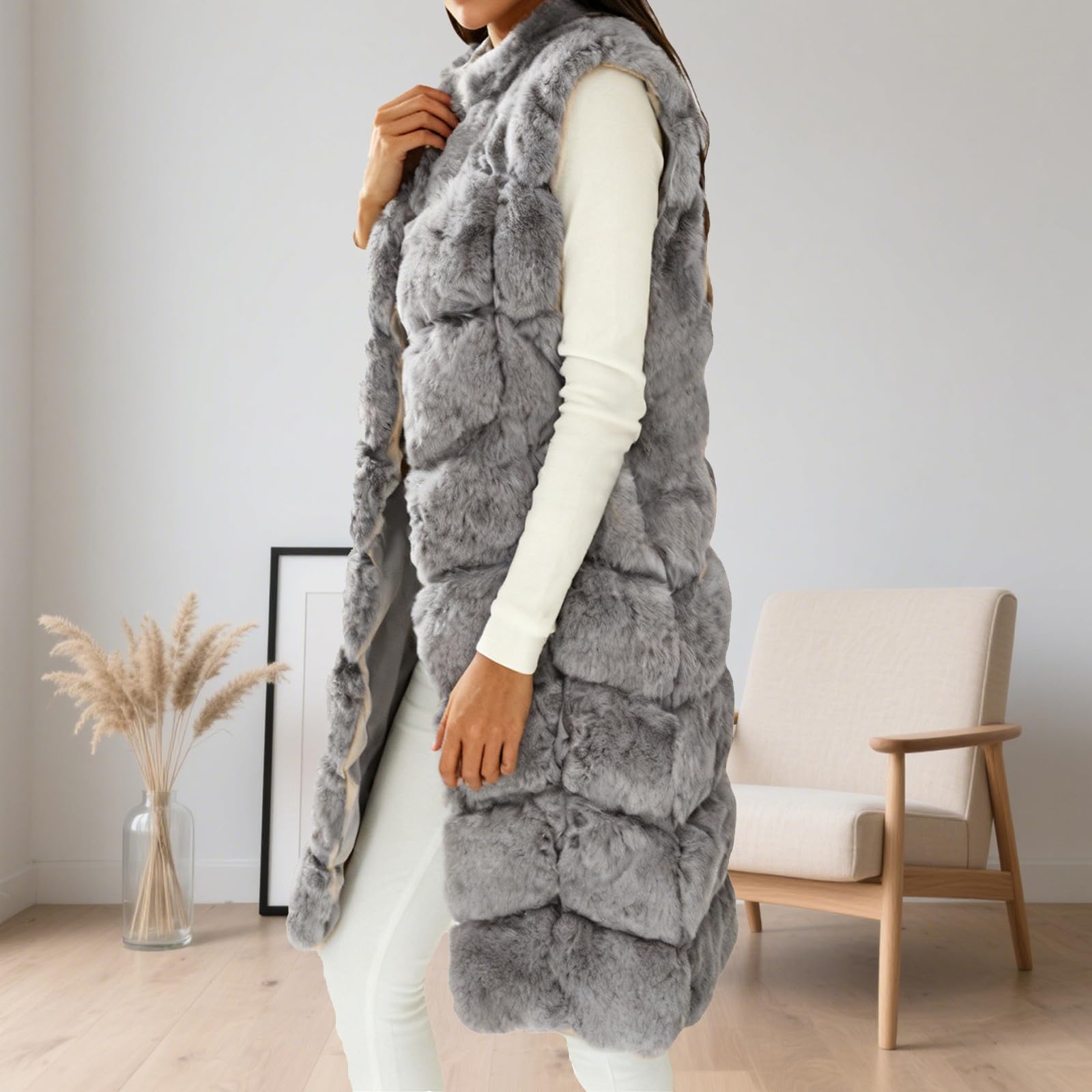 Gilet di pelliccia da donna in pelliccia sintetica, elegante pelliccia sintetica, senza maniche, lungo, per autunno e inverno, caldo, per le mezze stagioni