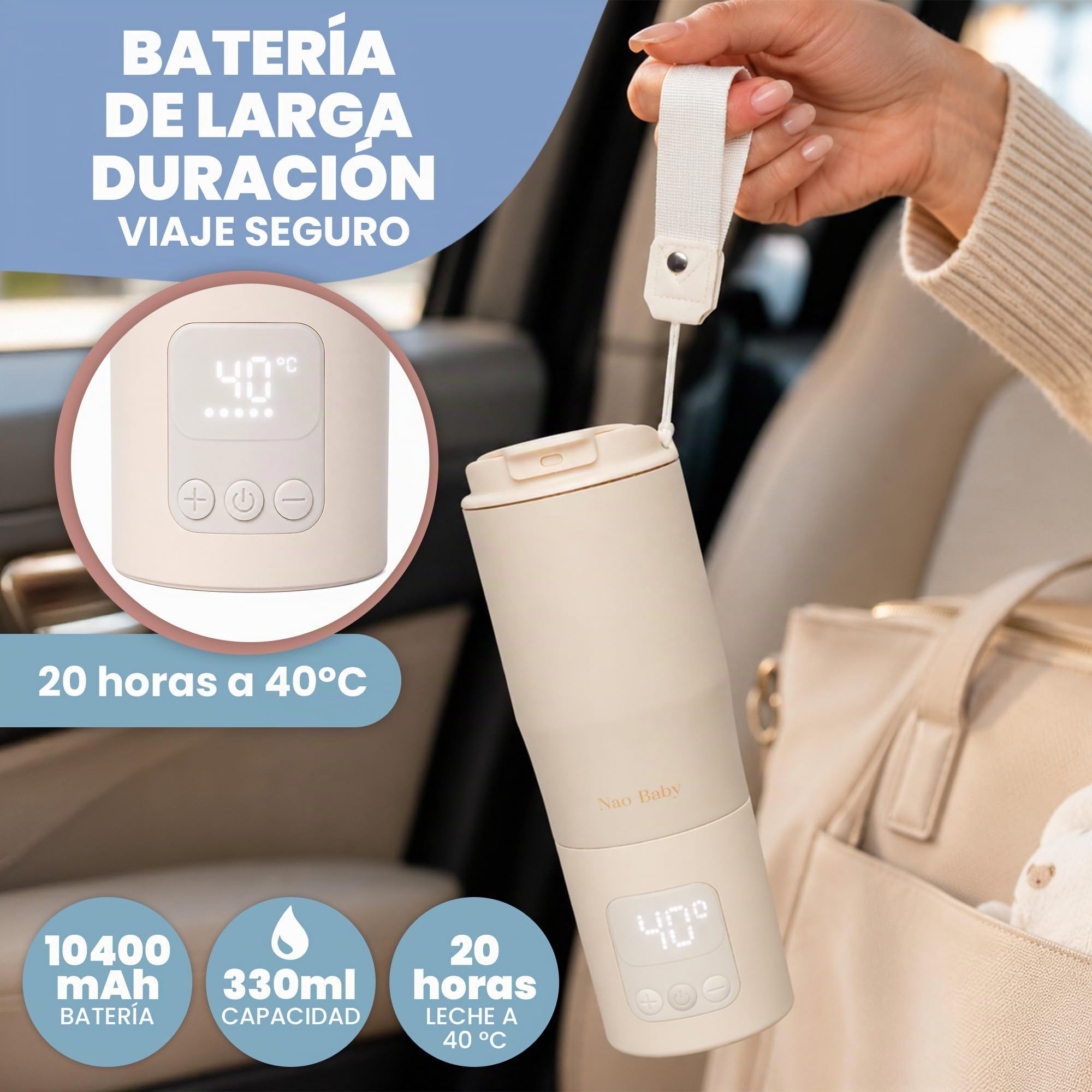 Calienta Biberones Portátil y Esterilizador Biberones 2 en 1 hasta 100ºC, Batería de Larga Duración, Anitderrame y Asa de Viaje | Calentador de Leche Portátil 350ml con Conservación 20h