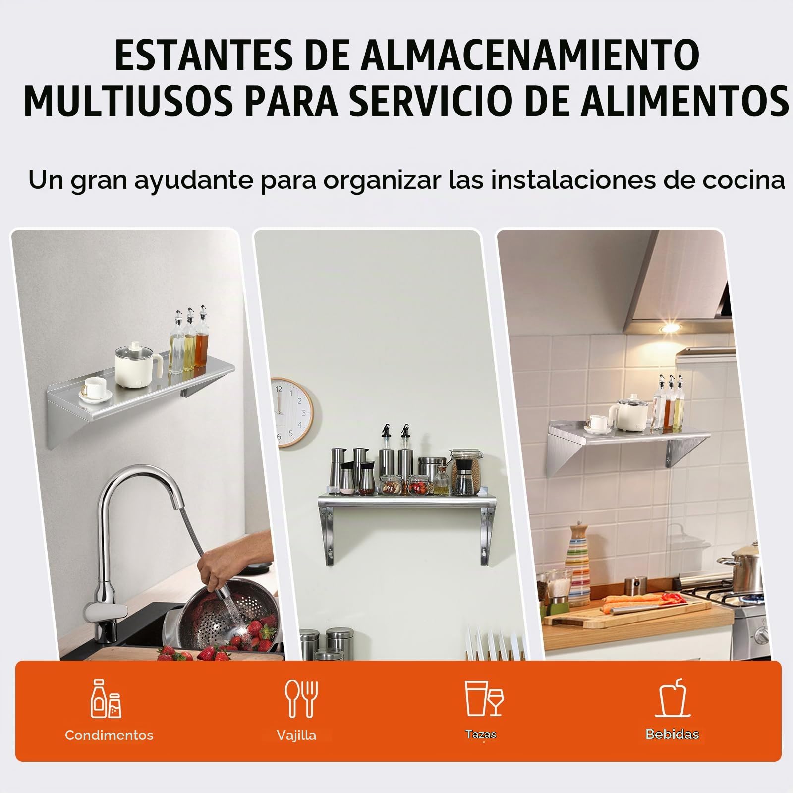 VEVOR Estante de Pared de Acero Inoxidable 915x305x63 mm Estante Flotante con Soporte Triangular Carga Máxima de 113 kg Estantería de Pared para Libros Portarretratos Plantas Oficina Baño Cocina