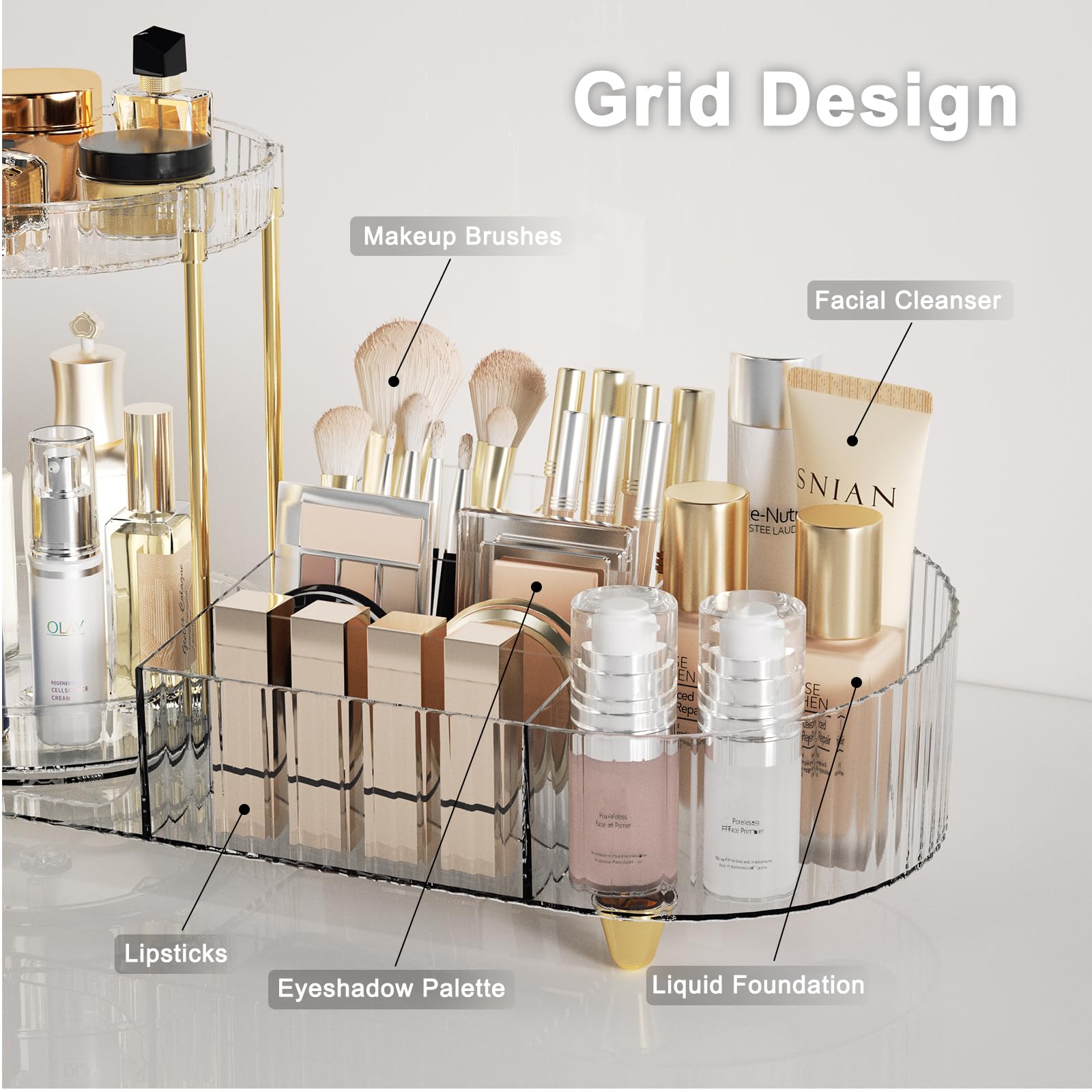 Lulltou Makeup Organizer Countertop for Vanity, Rotating Skincare Organizers and Storage, 2-in-1 Cosmetic Organizer Display Case with Makeup Holder Perfume Tray for Desk Counter Bathroom Dresser