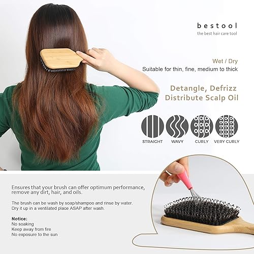 Miniatura 4 de BESTOOL Cepillo de pelo, cepillos de cerdas de jabalí para mujeres, hombres y niños, cepillo de cerdas de jabalí y nailon para alisar el cabello