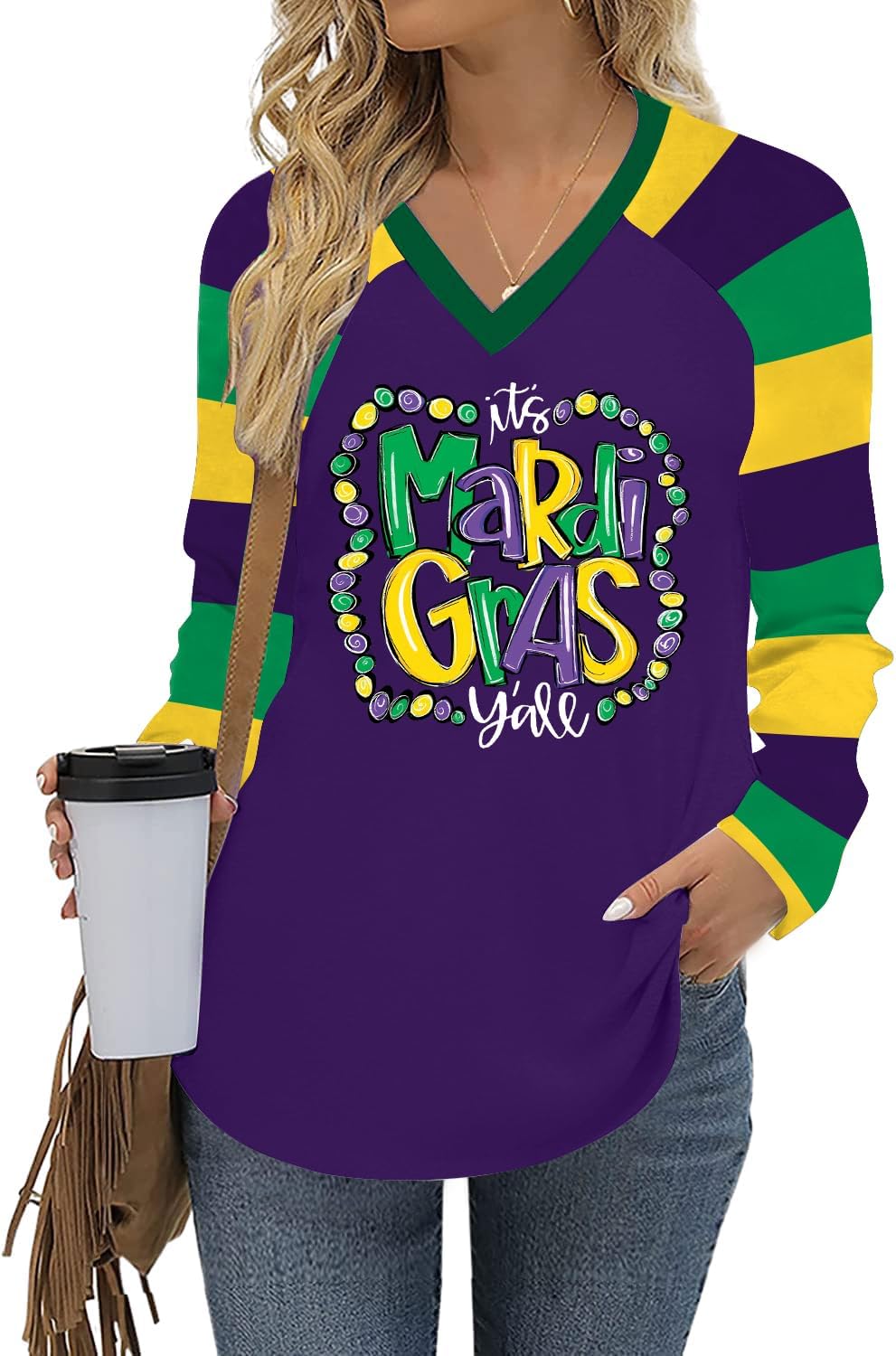 Mardi Gras Long Sleeve Shirts for Women: Funny Mask Graphic Tee Carnival V Neck Tshirt New Orleans Party Tops