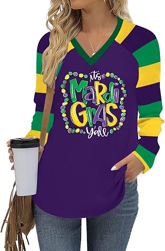 Mardi Gras Long Sleeve Shirts for Women: Funny Mask Graphic Tee Carnival V Neck 