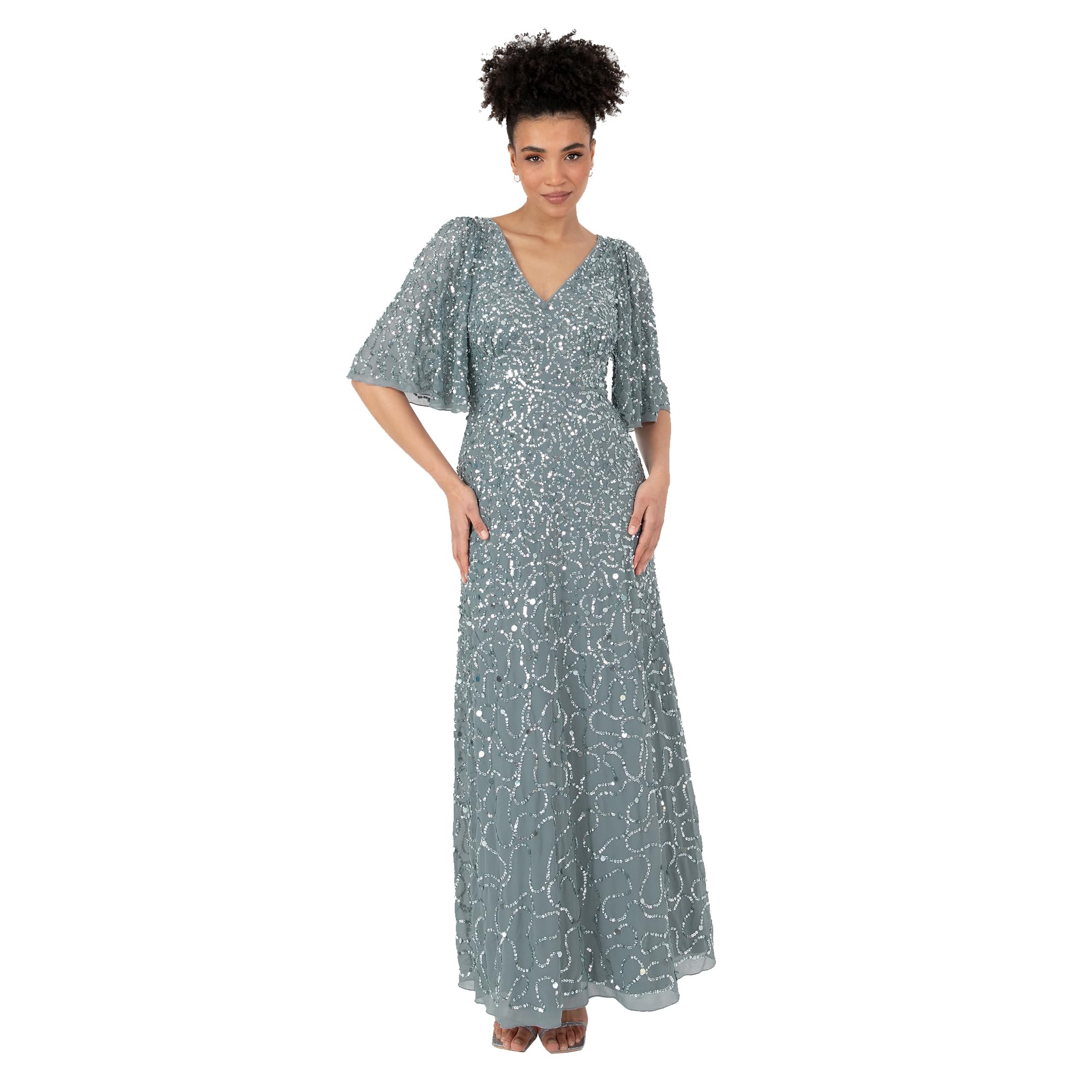 Women's Ladies Maxi Dress V-Neck Short Angel Sleeve Sequin Embellished A-line Bridesmaid Wedding Guest Prom Ball Gown