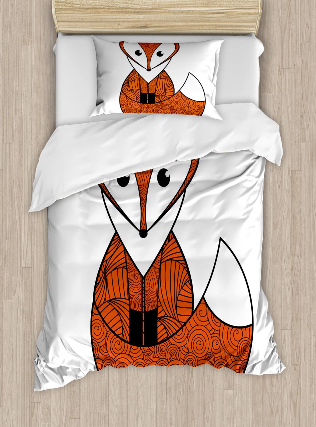 Ambesonne Fox Duvet Cover Sets, Cartoon Young Animal Character Spiral Patterns Friendly Charming, Bedding Set with 2 Duvet Covers & 2 Pillowcases, 2 Pack Twin Size, Orange Black