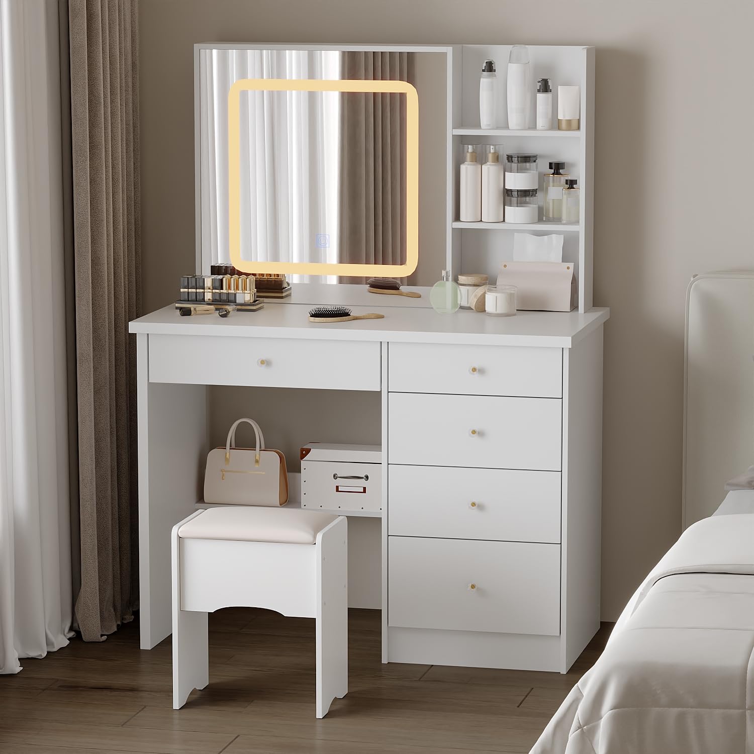 PREMTURE Dressing Table & Stool Set with 3 Colours LED Lights Mirror, Vanity Desk Set with Large Storage Space, 100W x 50D x 135H cm Makeup Table with 5 Drawers for Bedroom Furniture (White)