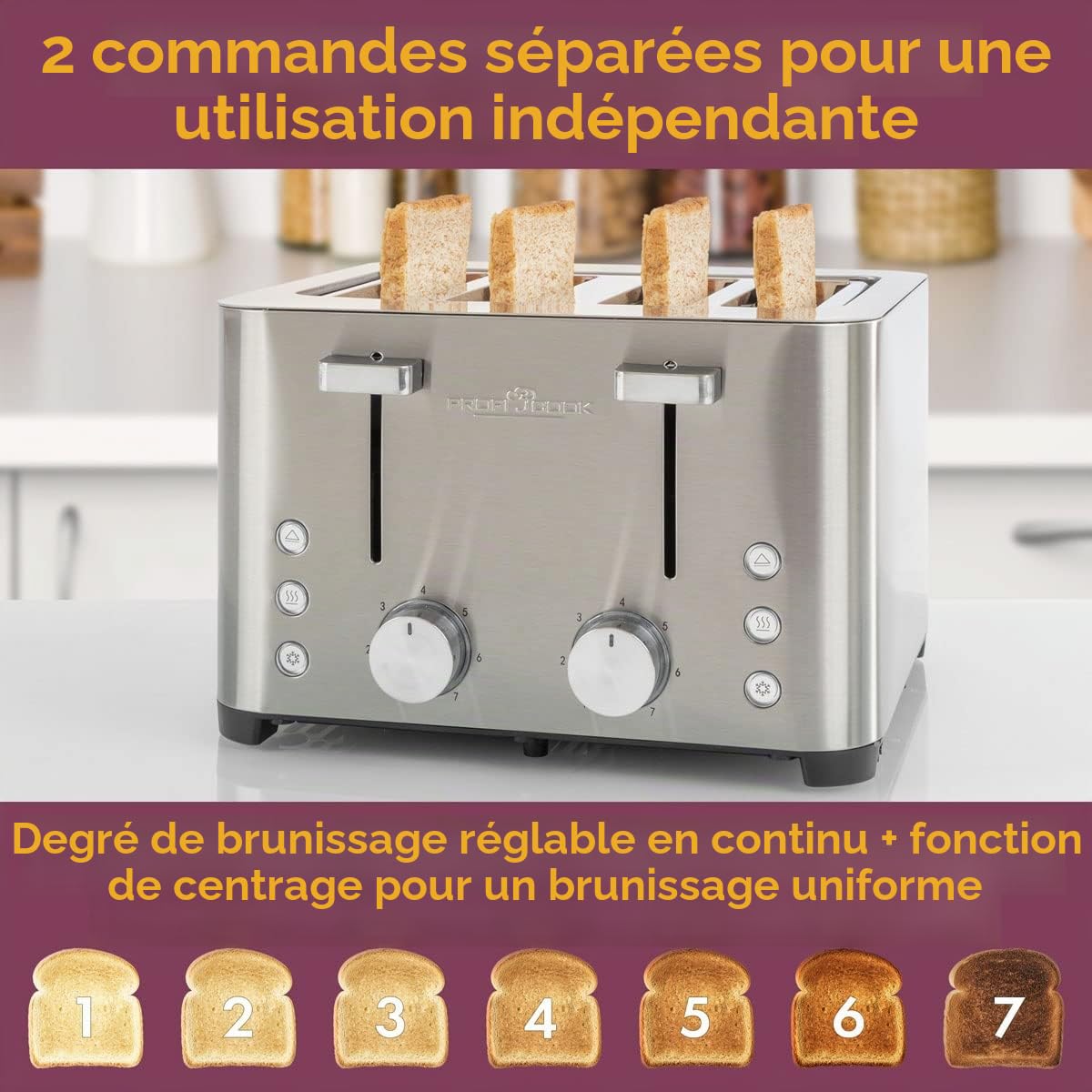 ProfiCook Grille-pain, 4 tranches, avec 2 commandes séparées, fonctions décongélation, réchauffage/arrêt rapide, support à petits pains, grille-pain en acier inoxydable, PC-TA 1252