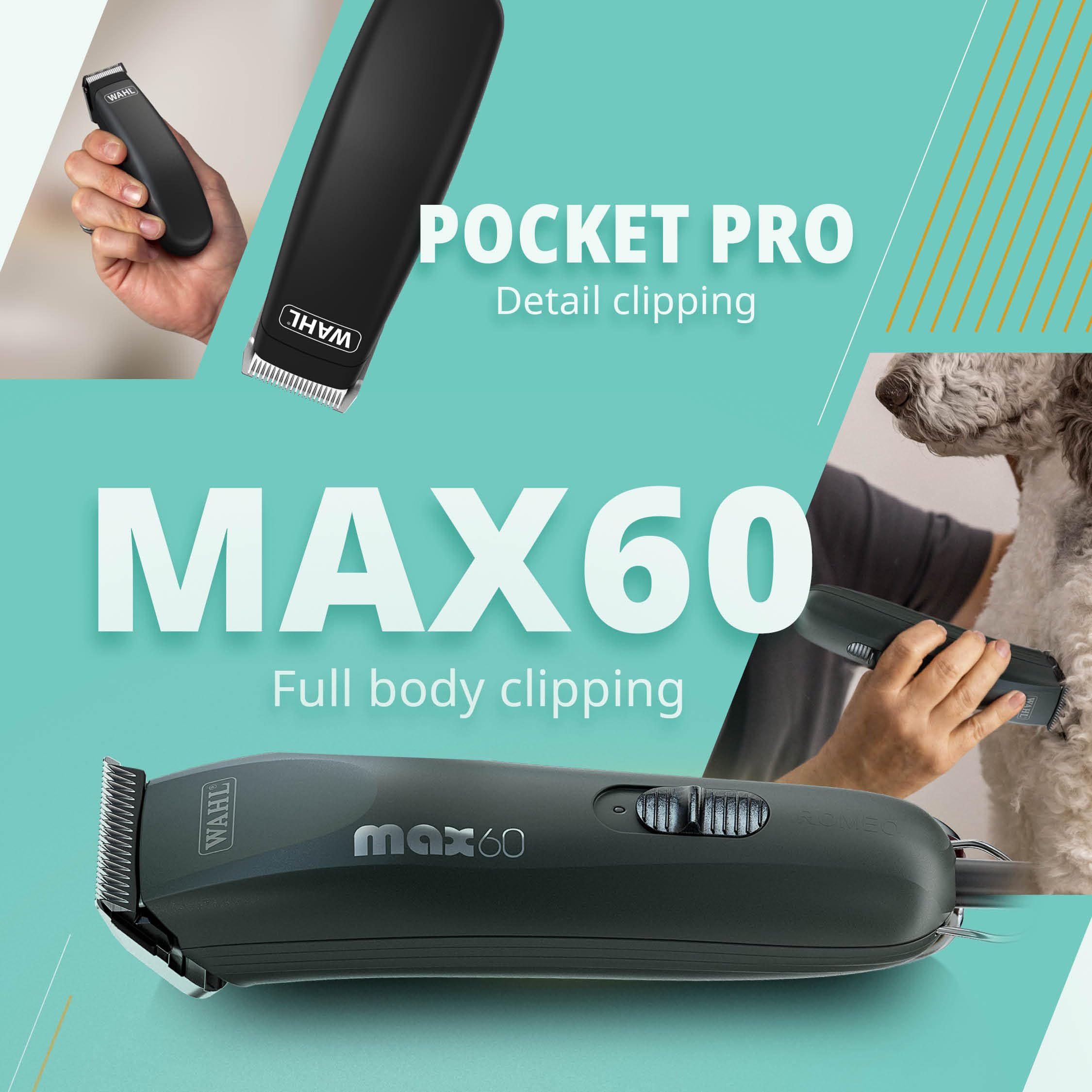 WAHL Animal Clipper Kit Max 60 + Pocket Pro, Tosatrice e trimmer per animali, strumenti per la toelettatura degli animali domestici, tutti i tipi di pelo, basse vibrazioni, leggera, nera