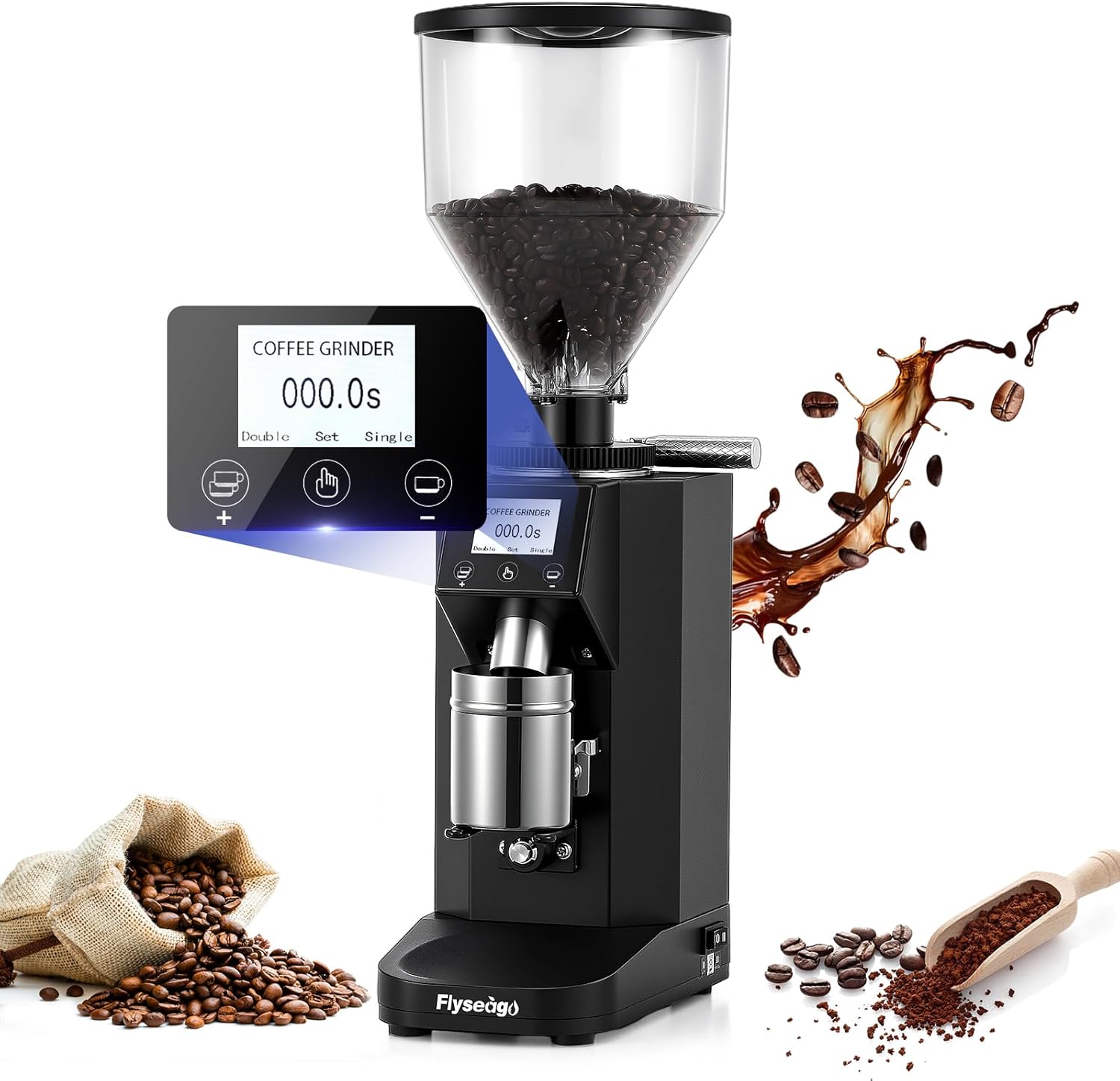 Electric Coffee Grinder Commercial, Stainless Steel Flat Burr, Touch Screen with 19 Adjustable Settings, 28oz Large Hopper for Espresso, Black