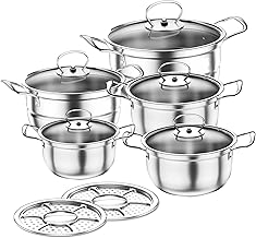 5 Pack Pots and Pans Sets Non Stick with Glass Lid,Handle,Kitchen Stainless Steel Pan Set for Cooking,Steamer Saucepan Set Cookware Pots and Pans Set Works with Induction,Electric,Gas Cooktops