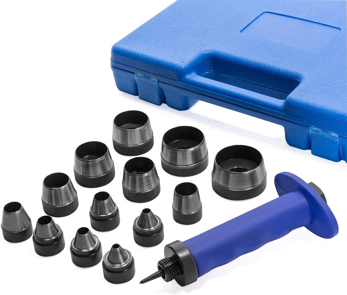 XtremepowerUS 15-Pieces Sharp Hollow Hole Punch Tool Kit Interchangeable 13 Sizes Pin Point Leather Copper Gasket Holes w/Case