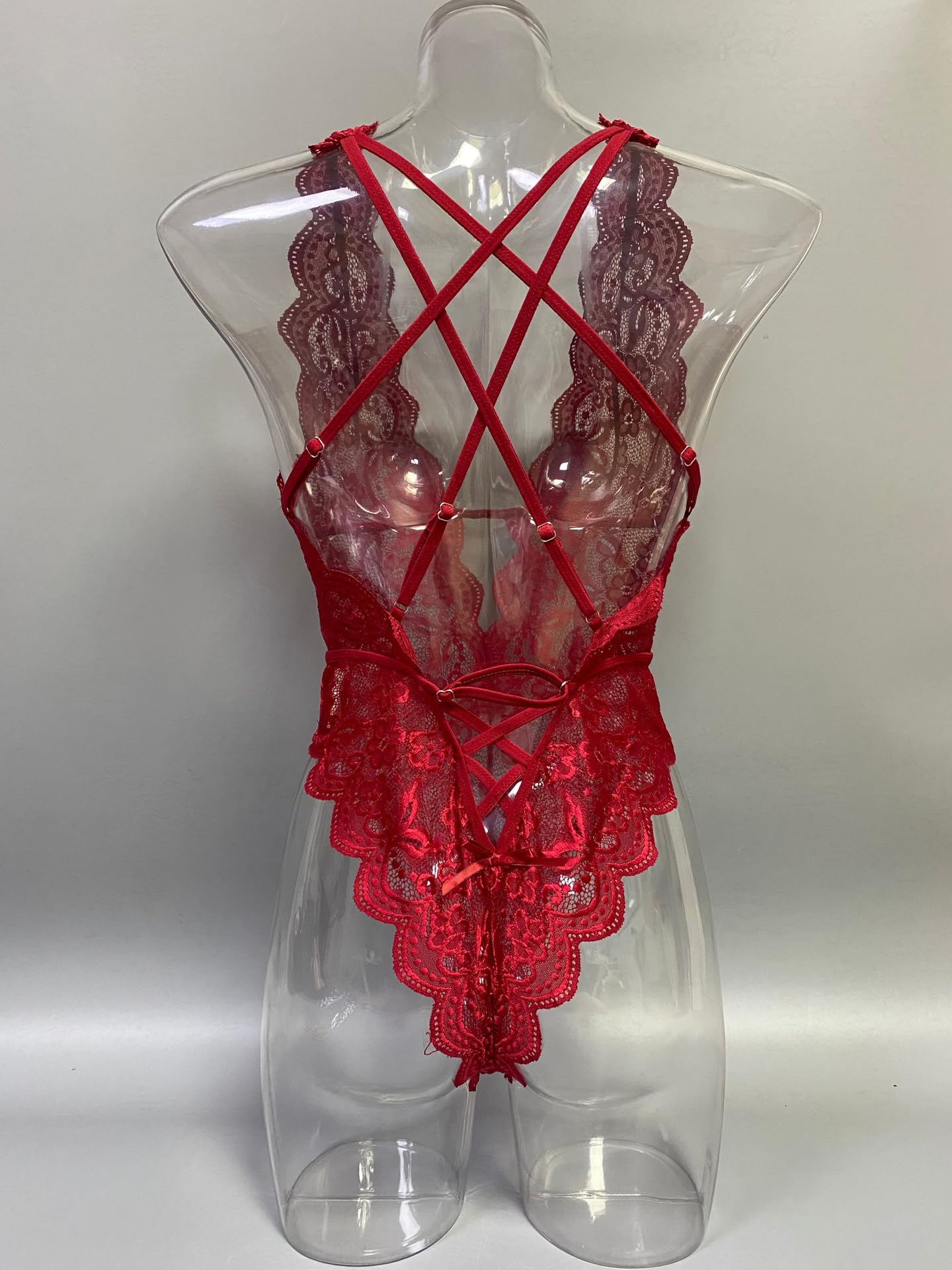 Lencería para Mujer Body de Encaje Ahuecado Babydoll Sexy de una Pieza Sin Espalda Teddy Floral Cuello en V Profundo Mono Espalda 4 Correas Cruzadas Leotardo Travieso Chemise Negligee Ropa de Dormir