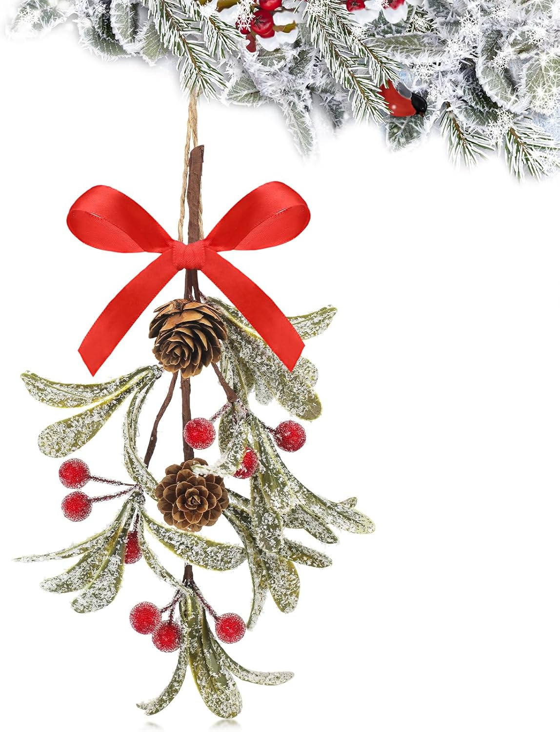 Giegxin Christmas Artificial Mistletoe Ornament with Red Bow Christmas Hanging