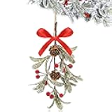 Giegxin 1 Piece Christmas Artificial Mistletoe Ornament with Red Bow Christmas Hanging Mistletoe Decoration Bouquet Floral Natural Pine Cones Holiday Decoration Ornament Bouquet (Stylish Style)