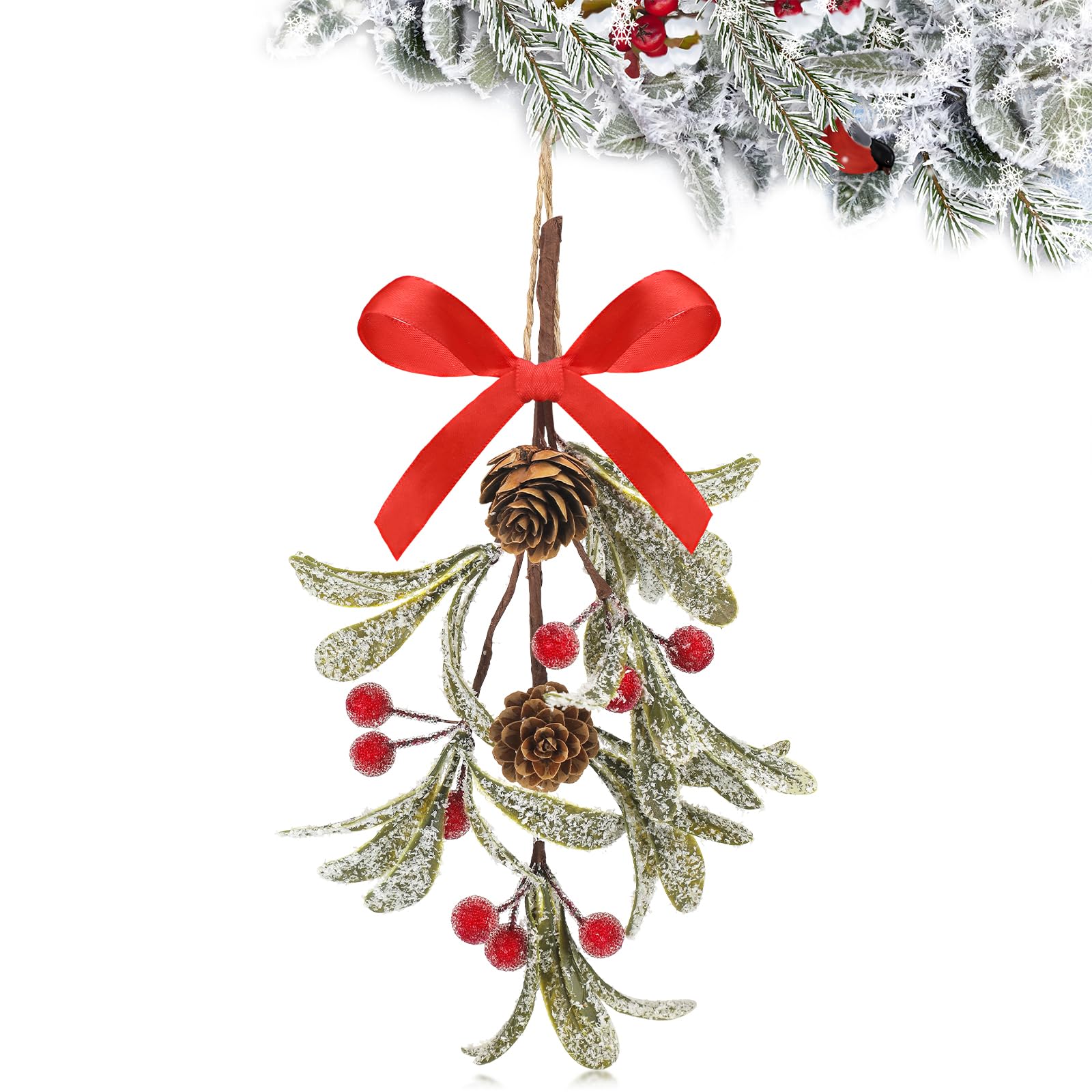 Giegxin 1 Piece Christmas Artificial Mistletoe Ornament with Red Bow Christmas Hanging Mistletoe Decoration Bouquet Floral Natural Pine Cones Holiday Decoration Ornament Bouquet (Stylish Style)