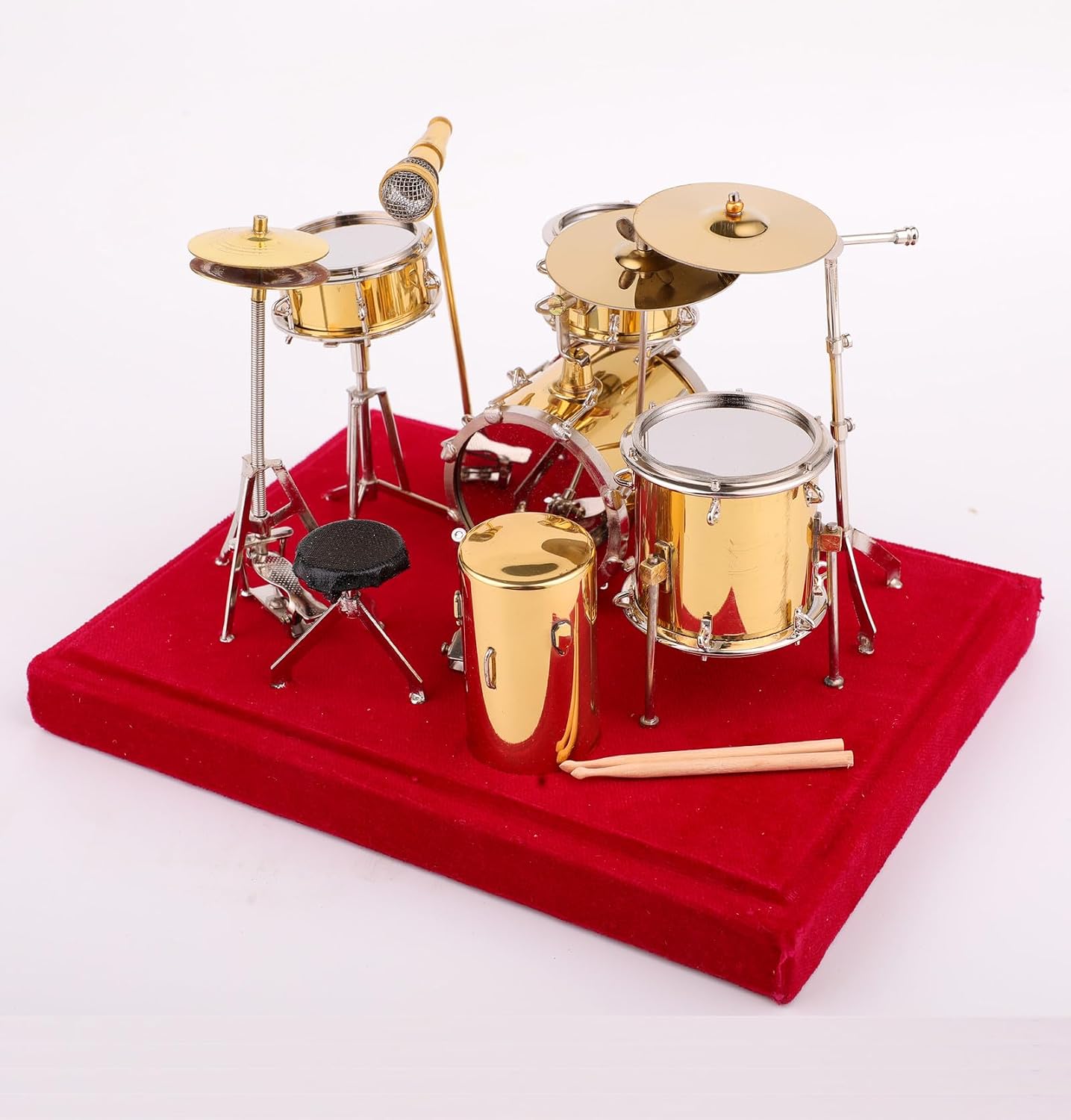 Miniature Drum Set Brass Mini Musical Instrument Drum Set Replica on Stand with Display Cover Collectible Figurines Birthday Gifts Home Decoration Display Ornament Model (5.51"x3.94"x4.33") image 5