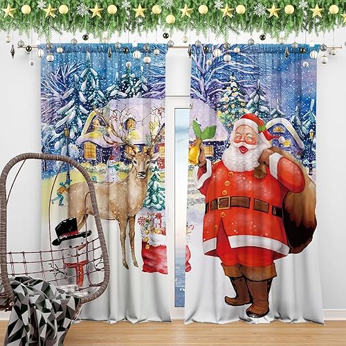 Miniatura 4 de Cortina de ventana de Navidad de invierno de 82 x 84 pulgadas, muñeco de nieve, Papá Noel, cervatillo, pinos, hogar, dormitorio, sala de estar,