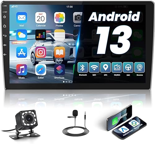 AMprime Estéreo Android de doble DIN para automóvil con Apple Carplay de 10.1 pulgadas, pantalla táctil, radio de coche, compatible con Bluetooth,