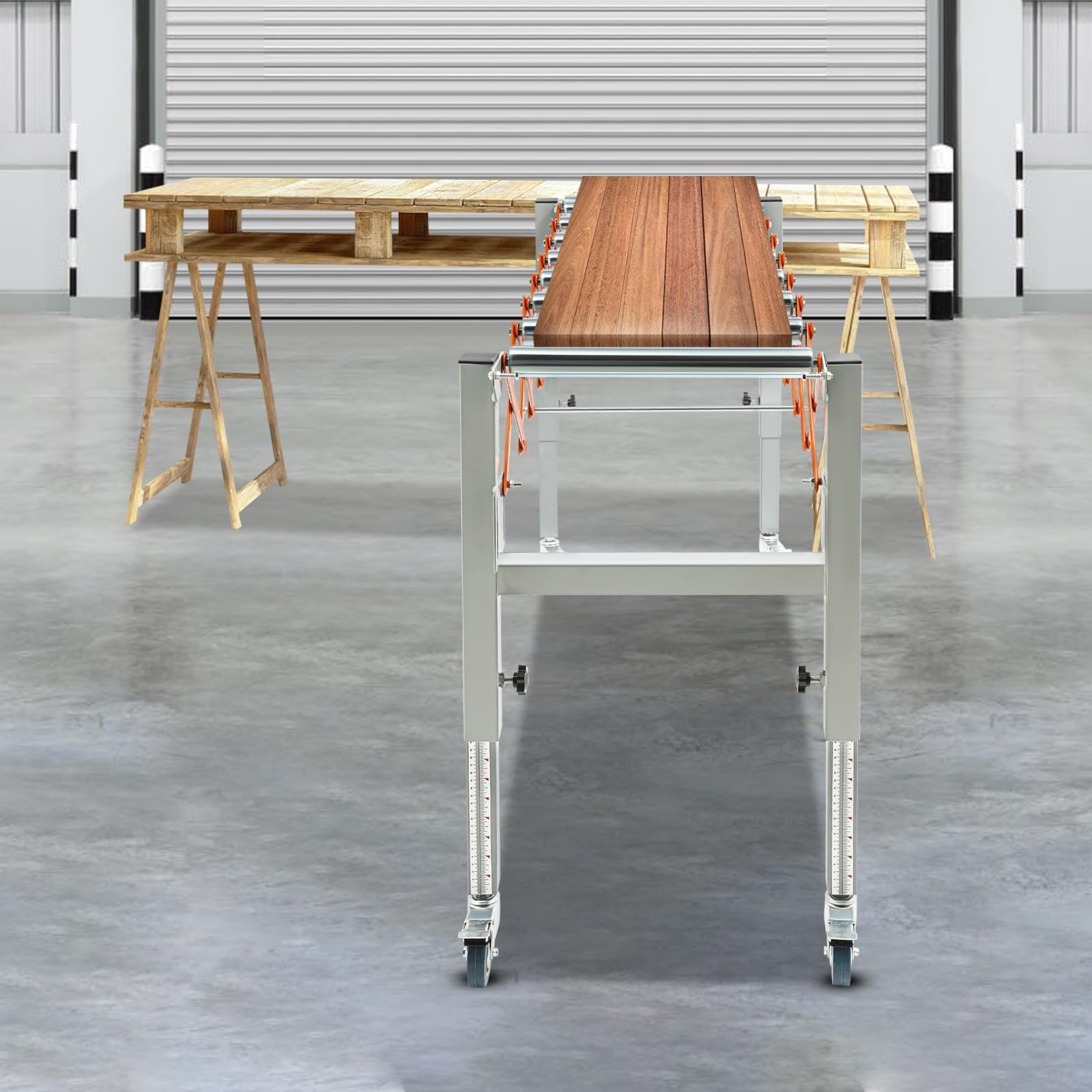 Soporte de Rodillos transportadores Ajustable, Cinta transportadora giratoria Extensible con 4 Ruedas, Mesa Extensible con Sistema de gi-ro de Rodillos y 2 Ganchos, Carro telescópico