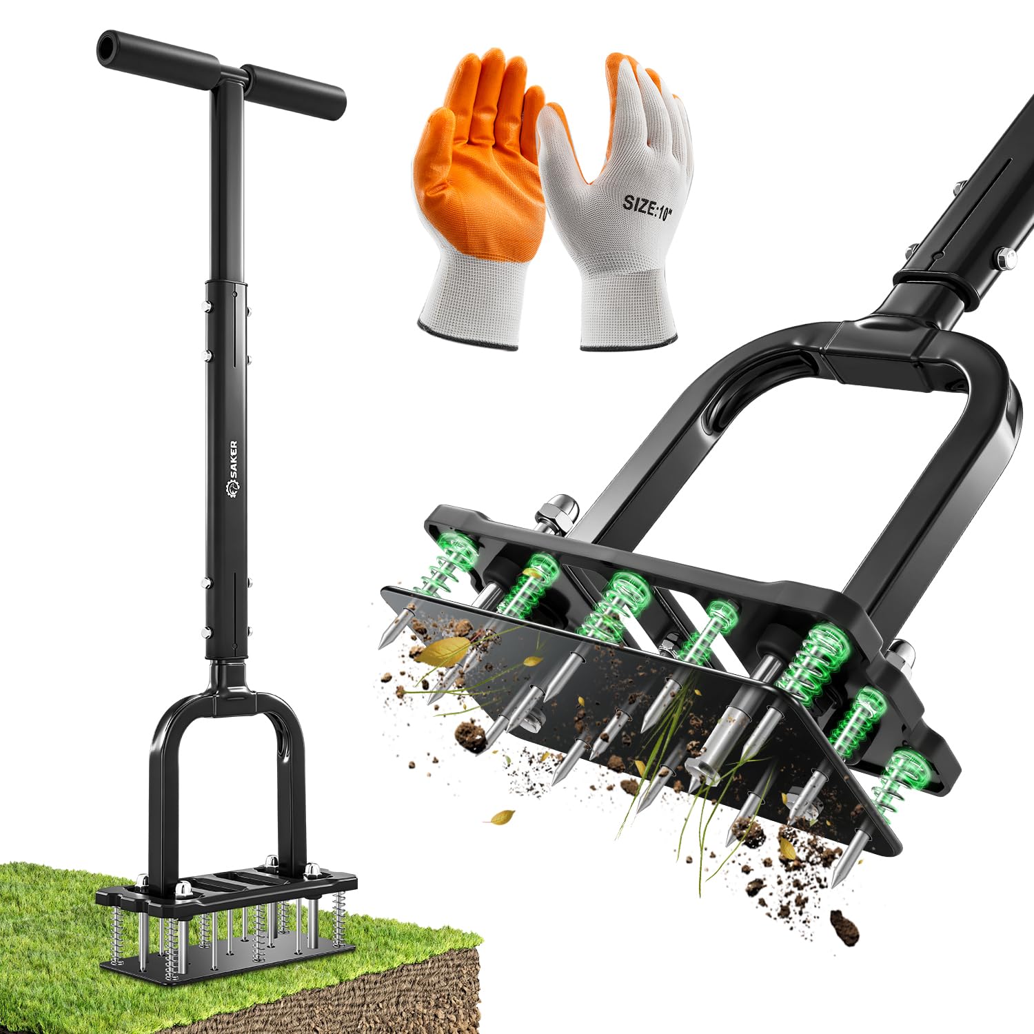 Photo 1 of Saker Lawn Aerator Tool, 2026 Upgraded Manual Lawn Aerator with 15-Spike Heavy-Duty Yard Aeration Tool with Spring-Loaded Design, for Loosening Soil Aerating Patio, Yard, Garden Dark Black