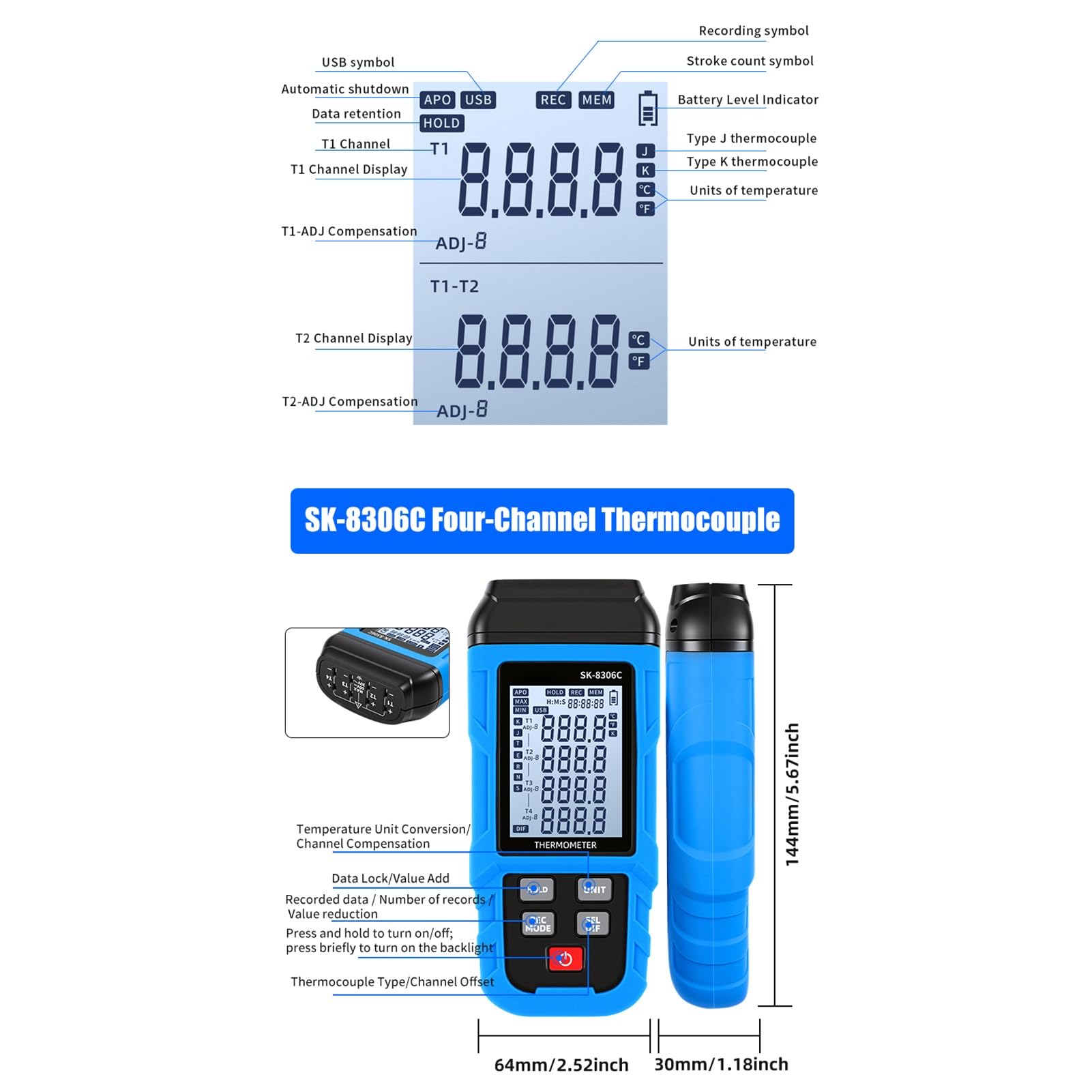 Elprico Thermomètre à Thermocouple Numérique, Enregistreur de Données de Compteur de Température de Type K J à 4 Canaux avec Stockage Bluetooth USB 5999, pour Industriel (SK-8306C Quad-Canal)