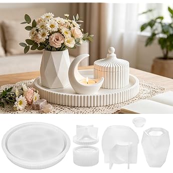 VEEKAY Set of 4 Silicone Moulds, DIY Decorations, Moulds for Storage Box with Lid, Moon Candle Holder, Ribbed Round Tray and 