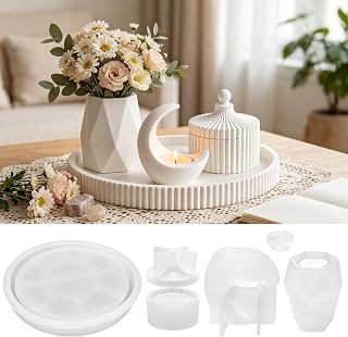 VEEKAY 4 Stücke Silikonformen‑Set, Gießformen für DIY‑Dekorationen, Formen für Aufbewahrungsbox mit Deckel, Mond‑Kerzenhalter, geriffeltes Rundtablett und facettierte Vase, für Gips & Epoxidharz