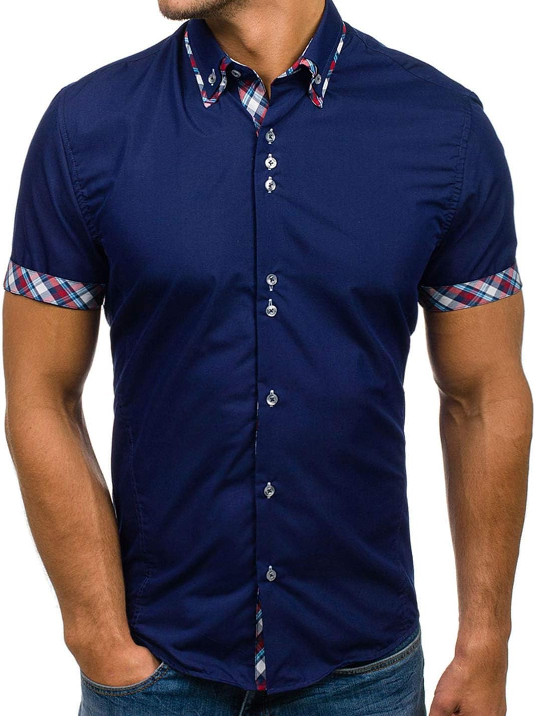 Flygo Men's Slim Fit Short Sleeve Button Down Tee Shirts (X-Small, Navy)